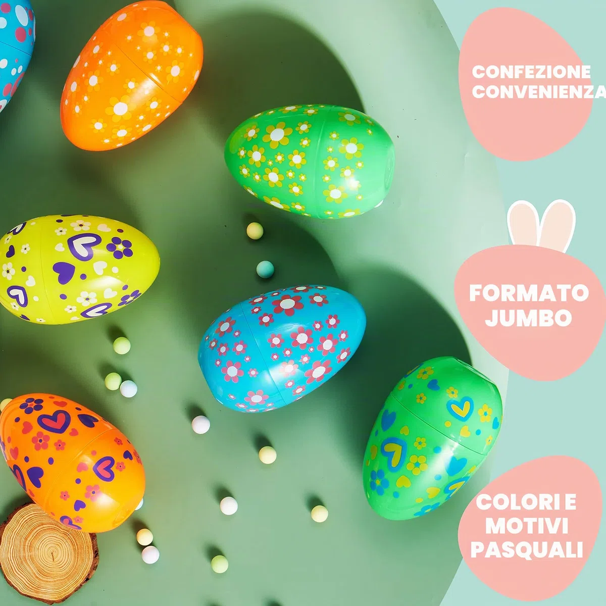 JOYIN 12 uova di Pasqua Jumbo da 17,8 cm, in plastica brillante, tinta unita, 6 colori assortiti, stampate uova vuote per riempire dolcetti, bomboniere, caccia, cestini, riempitivi, premi in classe