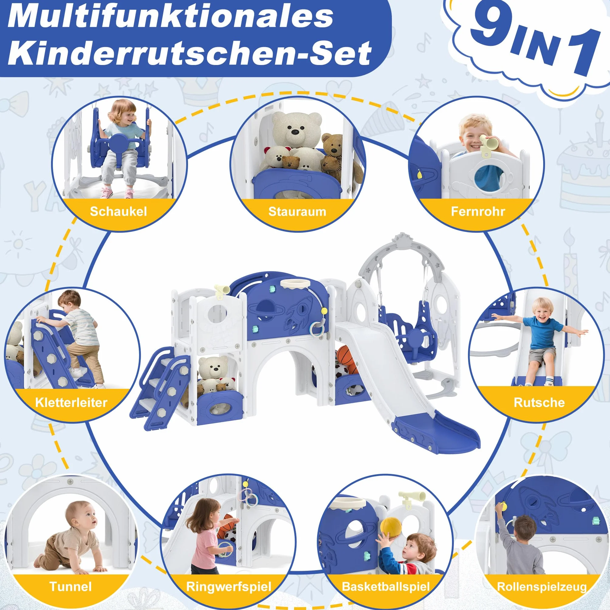 Froadp Scivolo 9 in 1 per bambini a partire da 1 anno, per interni ed esterni, in HDPE e PP, con altalena, scaletta da arrampicata, tunnel, spazio di archiviazione, cestino da basket e telescopio da