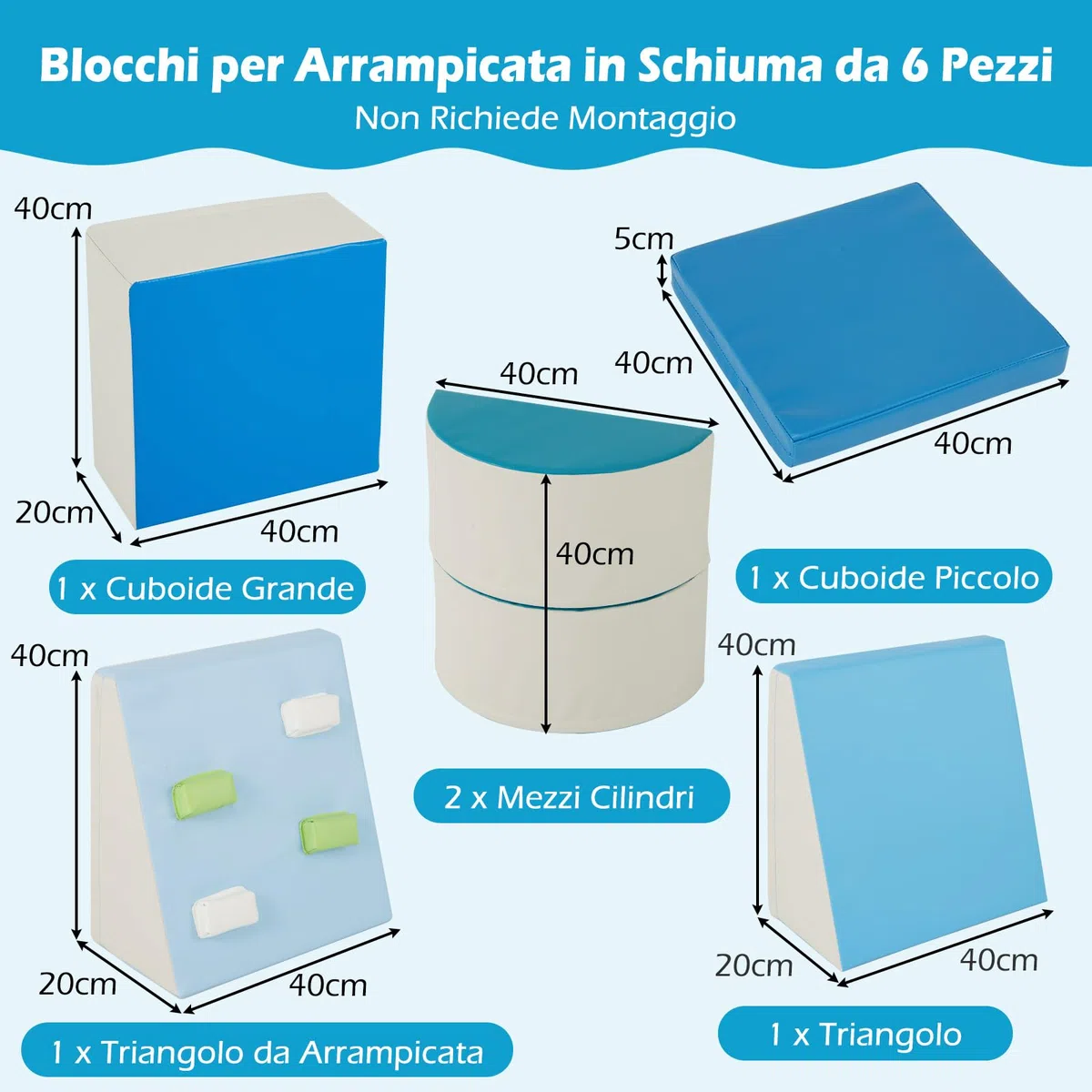 COSTWAY Set di 6 Blocchi di Schiuma per Arrampicata per Bambini 12+ Mesi Blu