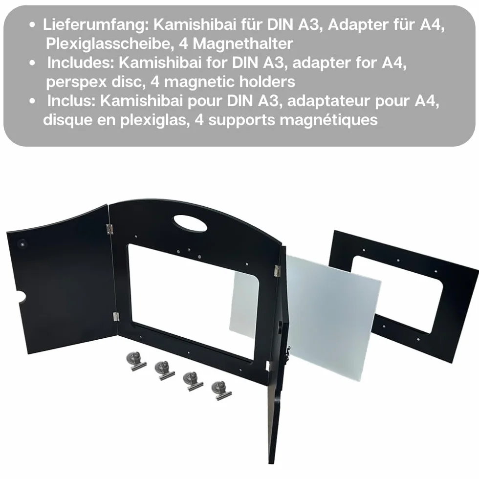 howa 4 in 1 Kamishibai teatro di narrazione teatro delle Ombre teatro delle Figure Legno per Cartoline DIN A3, con Adattatore per DIN A4, Inserto Laterale, Retro Aperto 7504