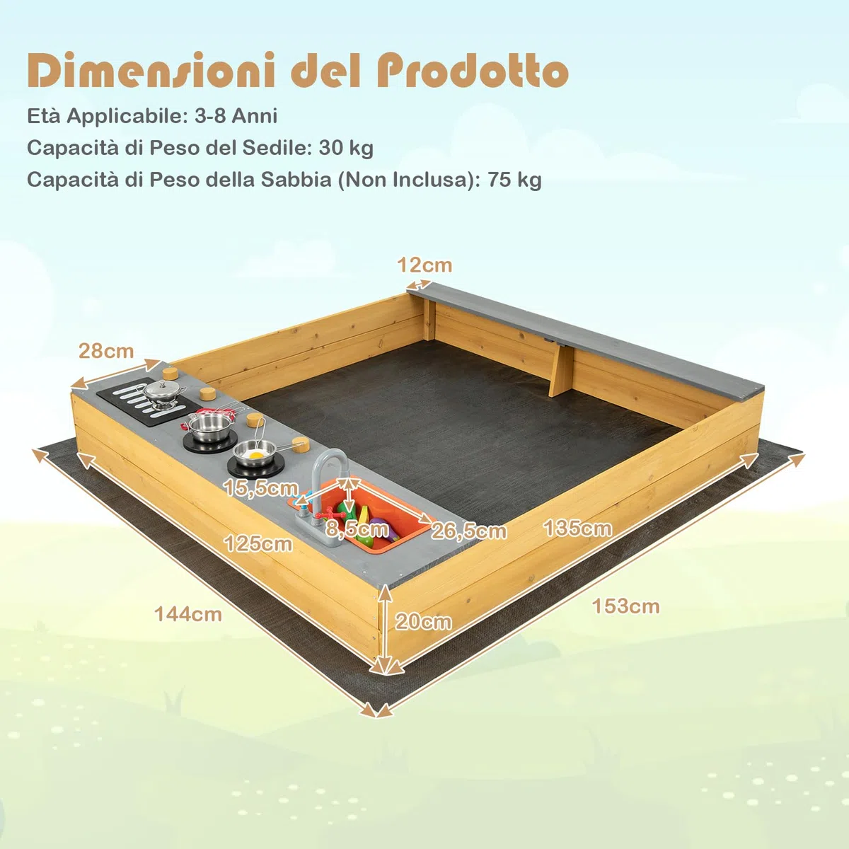 GYMAX Sabbiera in Legno per Bambini con Fodera Inferiore, Set Sabbiera da Gioco 3 in 1 per Bambini, Sedile a Panca, Sabbiera per Bambini da Esterno, per Bambini dai 3 ai 8 Anni, 135x125x20 cm