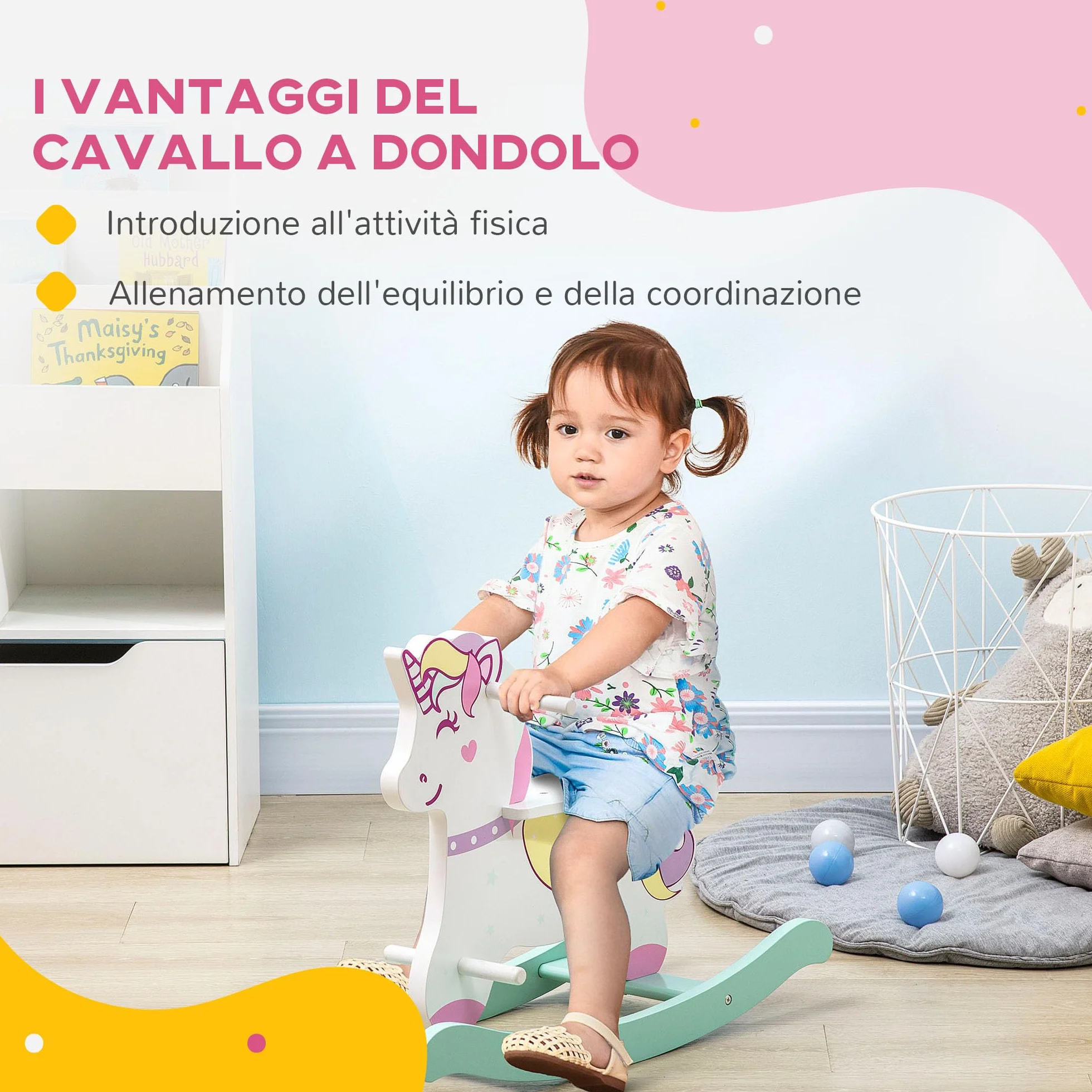 HOMCOM Cavallo a Dondolo per Bambini 1-3 Anni Cavalcabile, Cavalluccio a Dondolo con Maniglie, Schienale e Pedali in MDF, 68x27x47.5 cm, Blu Rosa Bianco