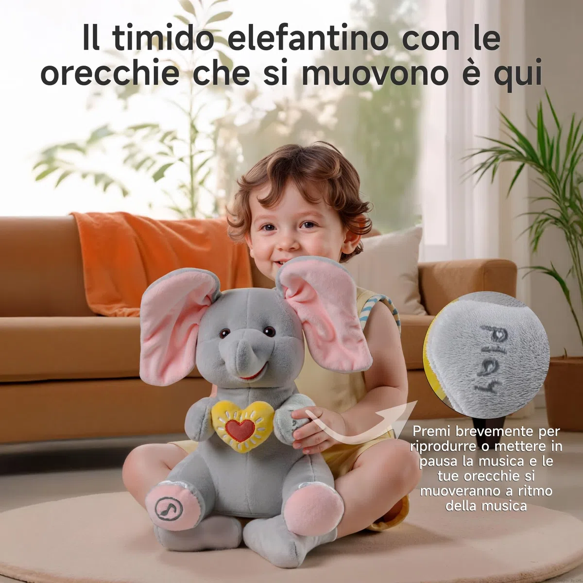 Elefante di Peluche Elettrico Animato con Orecchie Mobili e Musica, Regalo per Bambini