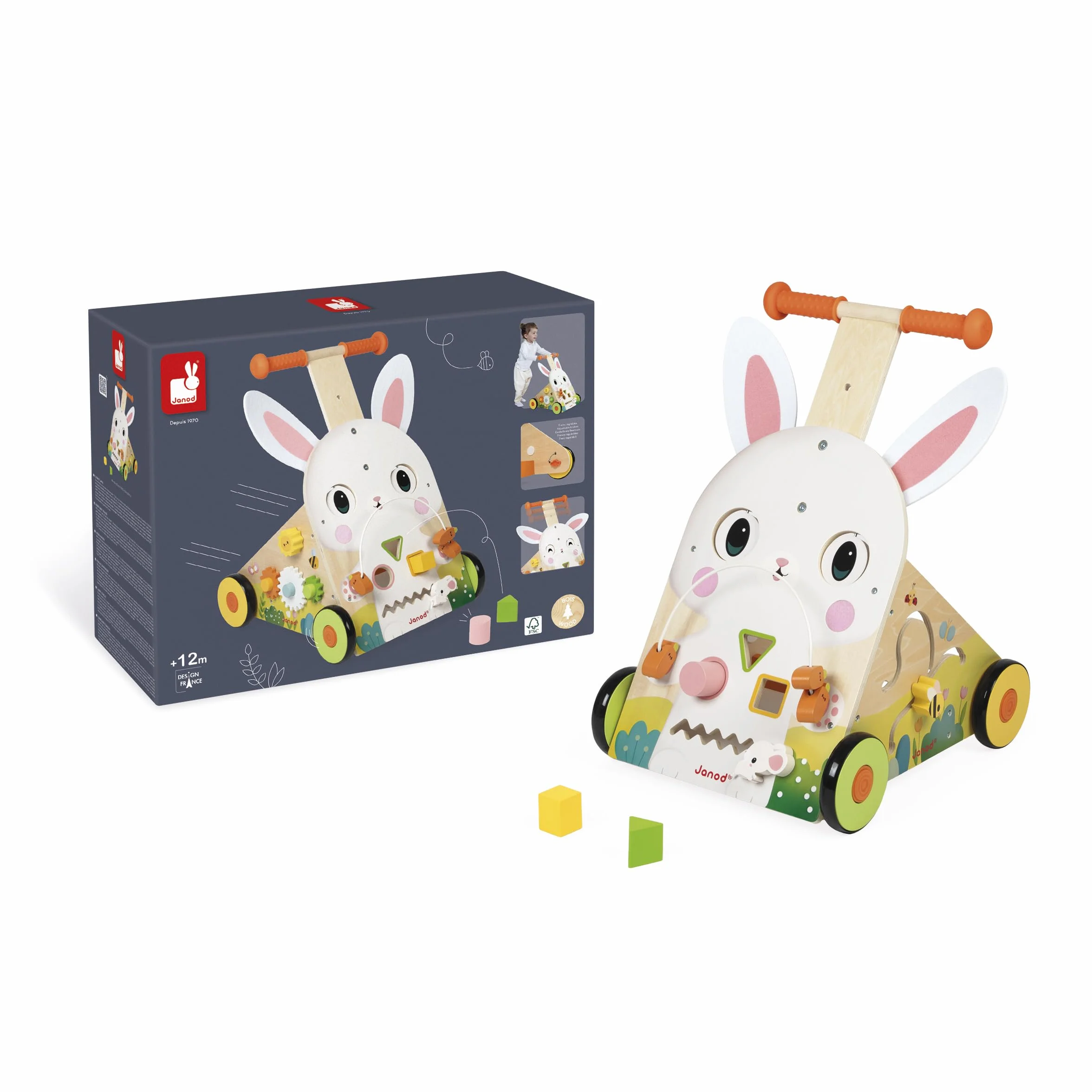 Janod Chariot Multi-Activités Ferme, Carretto di Legno da Spingere, 9 attività, Sistema frenante Brevettato e Ruote silenziose, Giocattolo evolutivo per Bambini, da 12 Mesi, J03326
