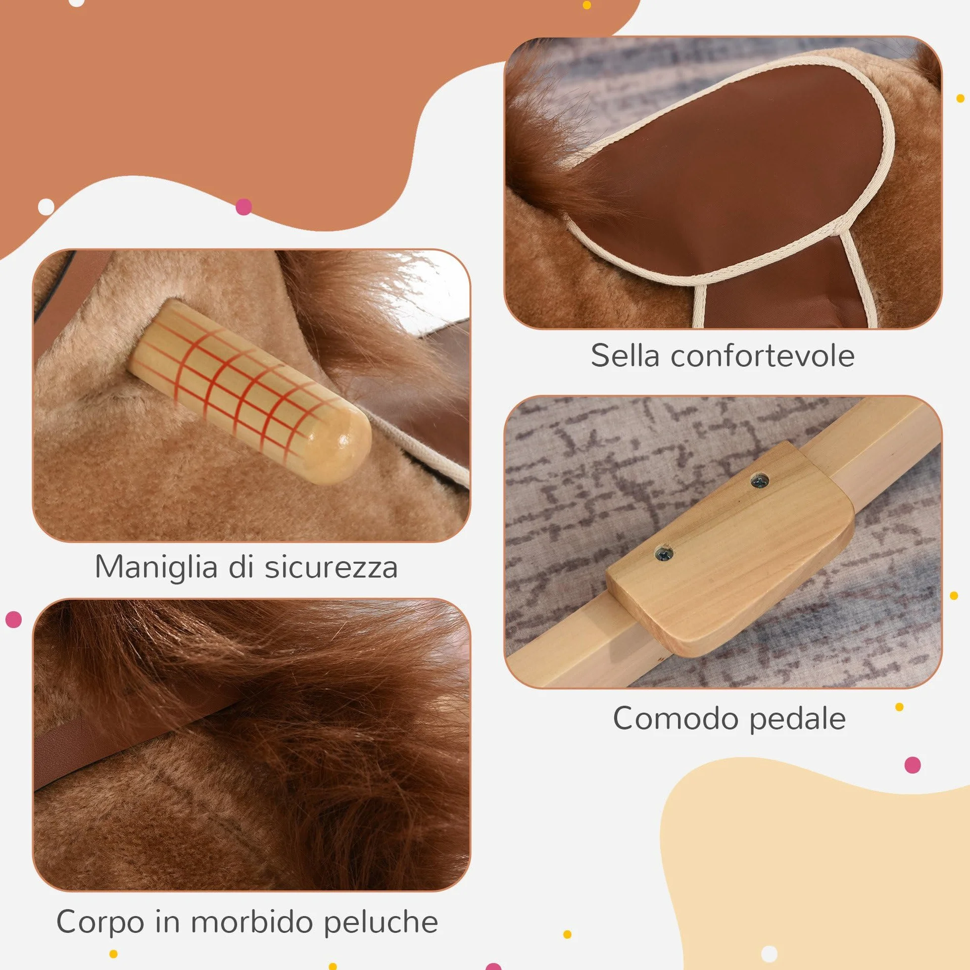 HOMCOM Cavallo a Dondolo per Bambini, Cavallino a Dondolo Bambini 36-72 Mesi, Cavalluccio Giocattolo con Suoni Realistici e 2 Batterie AA, Marrone