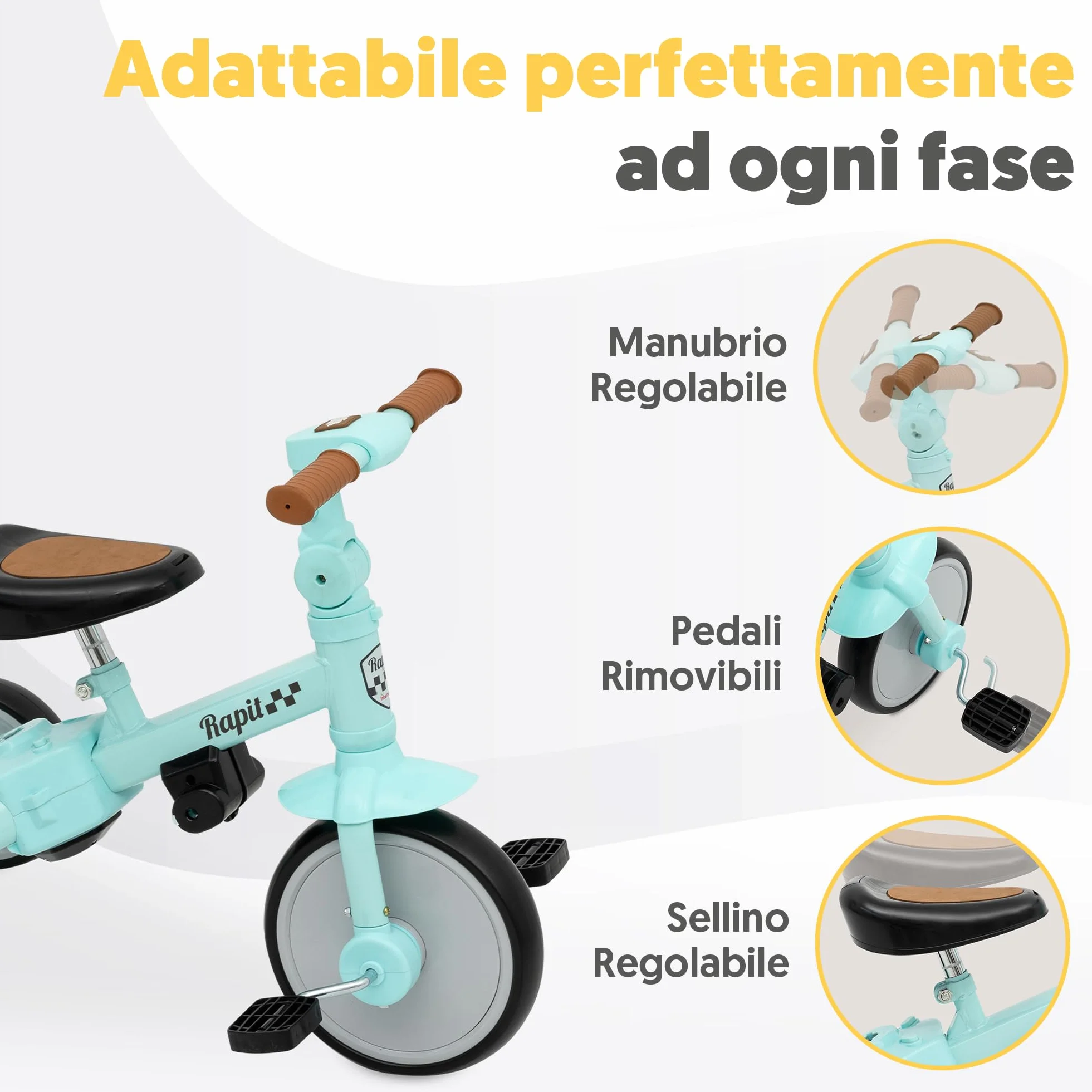 Triciclo Evolutivo 5 in 1 Interbaby | Triciclo Bambini con Maniglione da 1 a 5 Anni | Bicicletta Bambini e Bici Senza Pedali Trasformabile | Con o Senza Pedali | Regolabile e Adattabile (Verde)