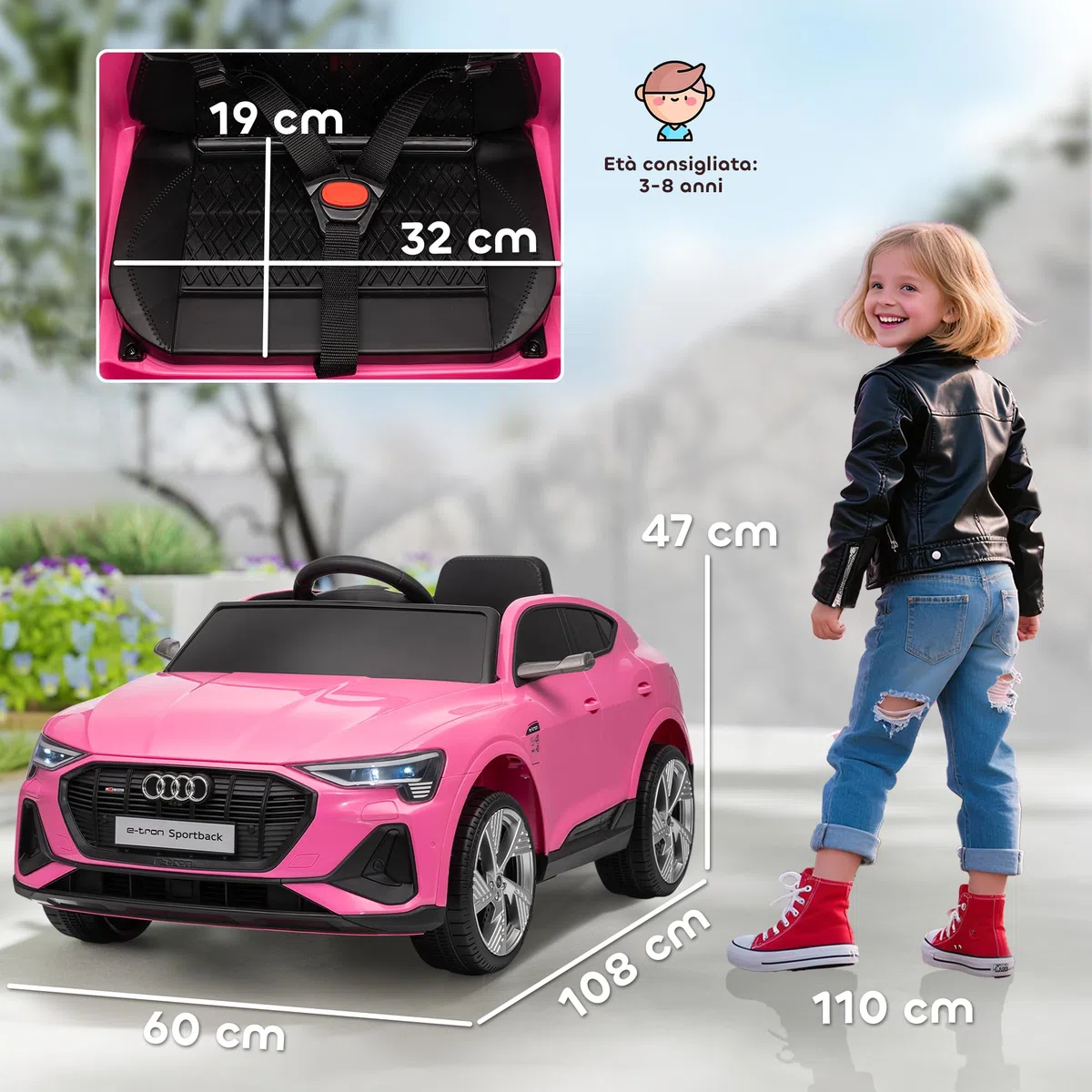 HOMCOM Macchina Elettrica per Bambini 12V Audi E-tron Doppio Motore Telecomando Batteria Ricaricabile Velocità 3-5km/h Luci LED Musica Rosa