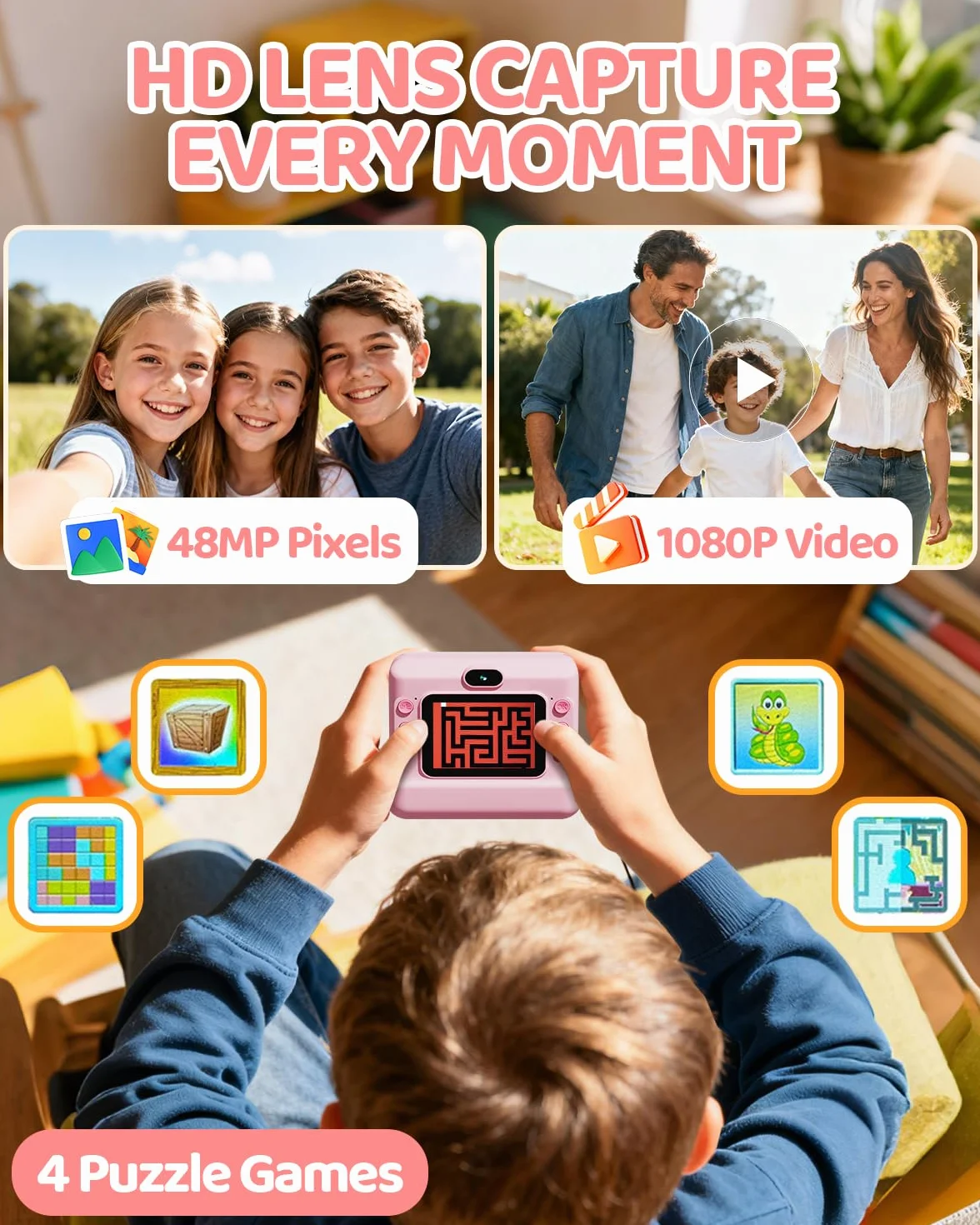 CalineGam Macchina Fotografica Bambini Istantanea, HD 1080P Macchina Fotografica Istantanea con Scheda da 32 GB e 3 Rotoli di Carta, Regalo di Natale per Ragazze Ragazzi dai 3 ai 14 Anni