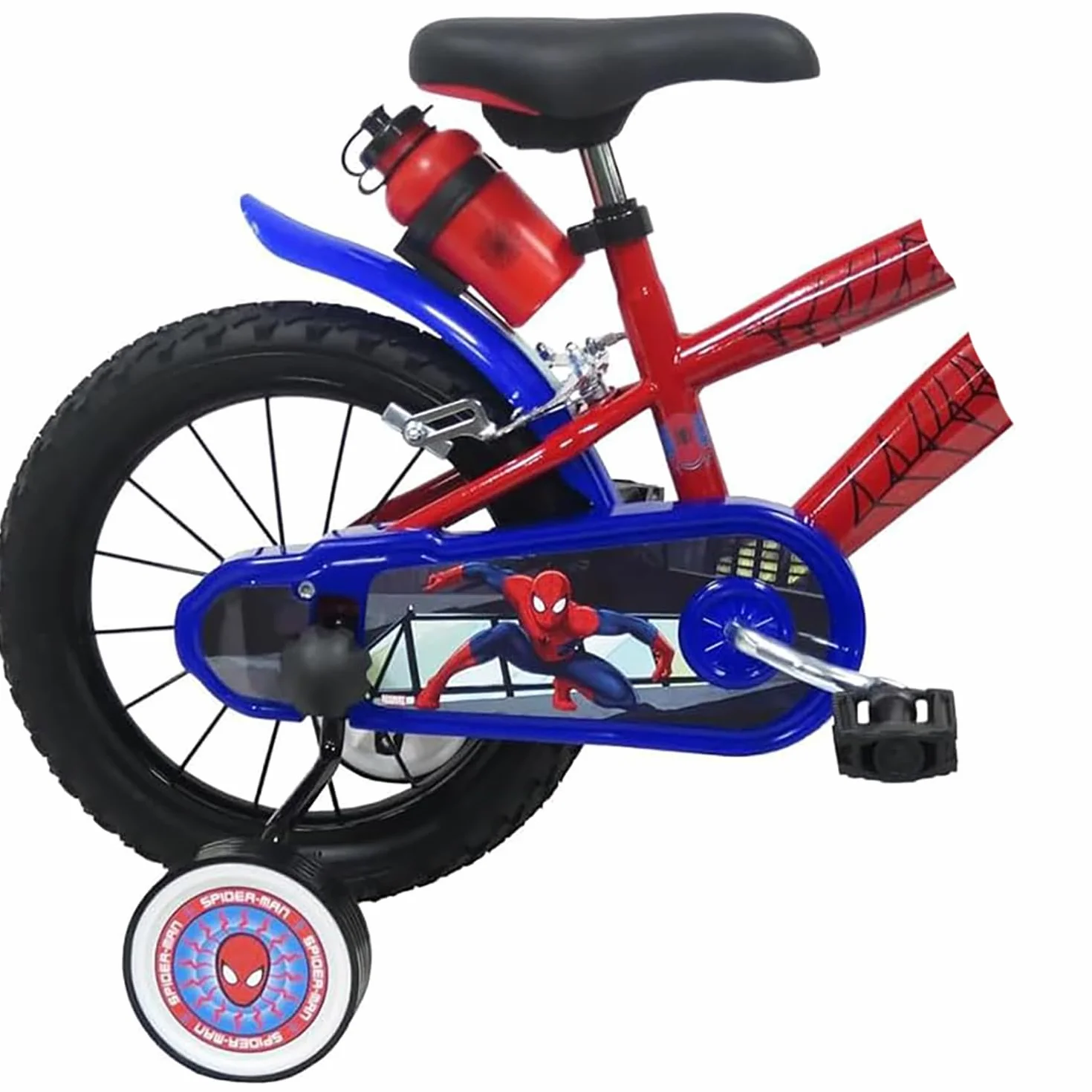 bicicletta da bambino con scudo anteriore, borraccia e stabilizzatori laterali di Spiderman misura 14 pollici
