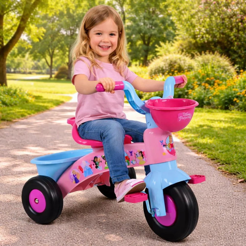 Triciclo Principesse Bambina 1-3 Anni con Cestino Porta Giochi 3 Ruote Stabile Ergonomico Sicuro fino 25 kg Triciclo Bambini Rosa