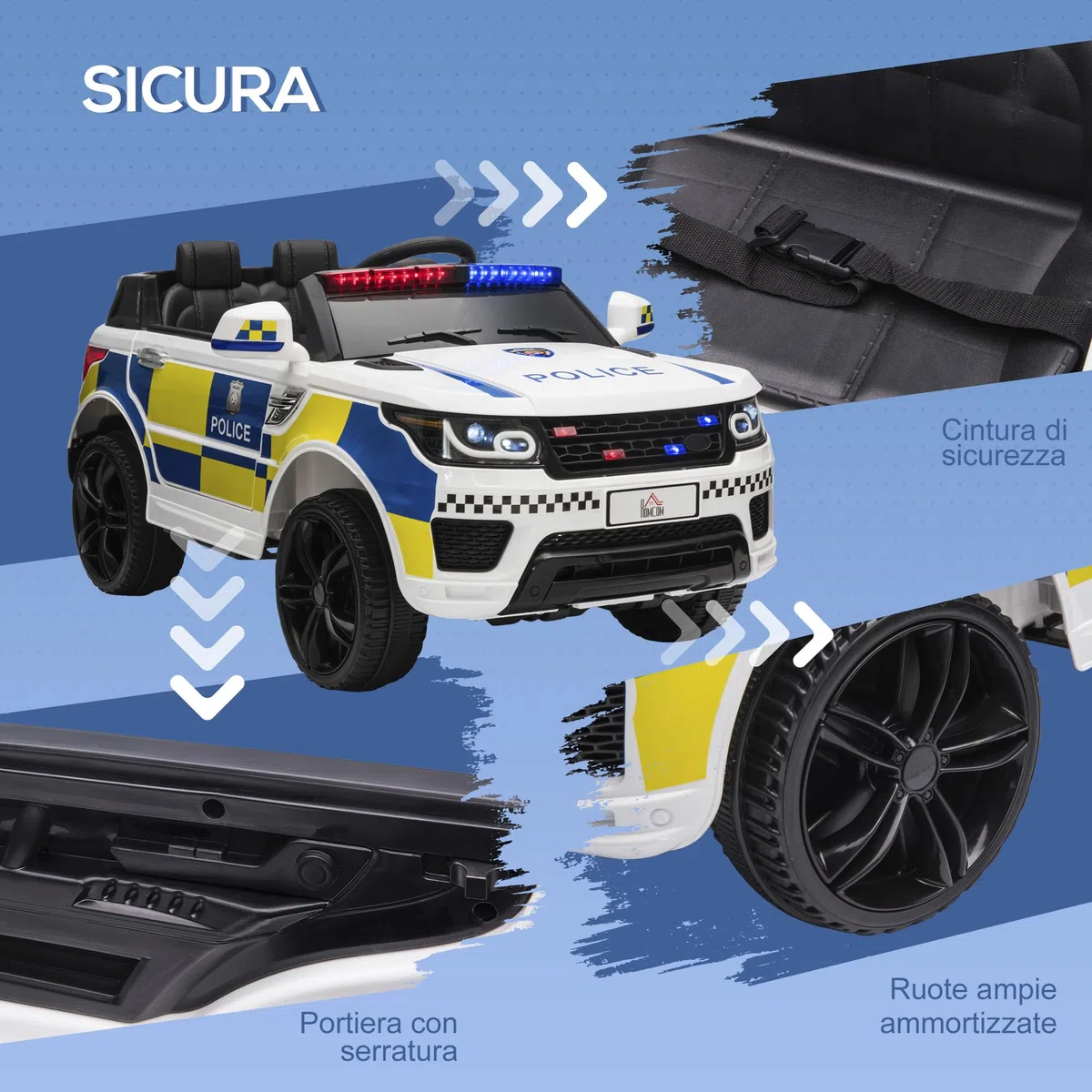 HOMCOM Macchina Elettrica per Bambini Polizia 12V Telecomando Sirena Luci USB Musica 110x68x52cm Bianco
