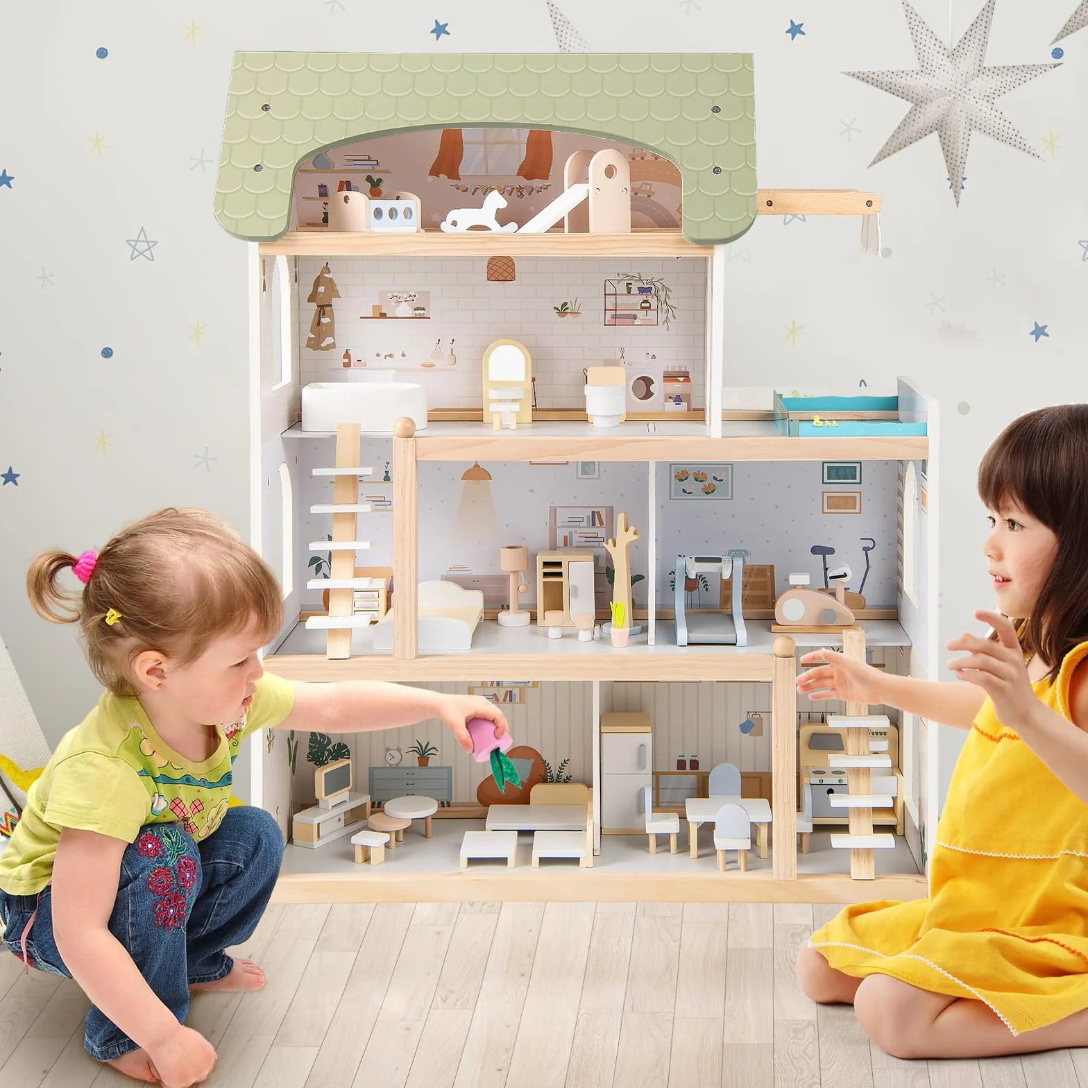 HOMASIS Casa delle Bambole in Legno per Bambini, Bella Casa da Sogno Principessa per Bambole, Casseta da Gioco per Bambini 3+ Anni (Modello 2, 63 x 25 x 78 cm)