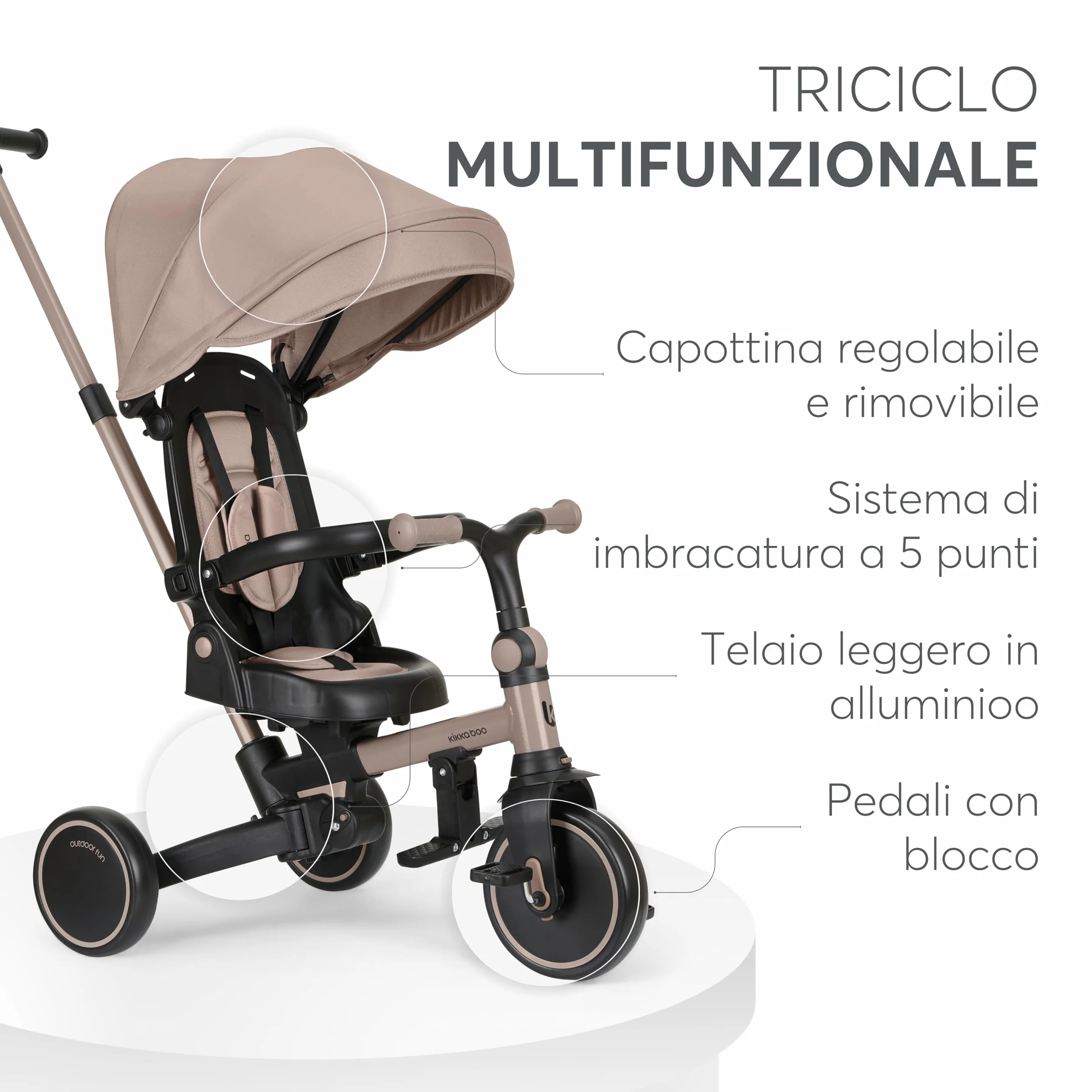 KikkaBoo Triciclo Evolutivo 8 in 1 ALUMA, da 12 Mesi a 5 Anni, Triciclo Passeggino Pieghevole con Maniglione per Genitori, Beige