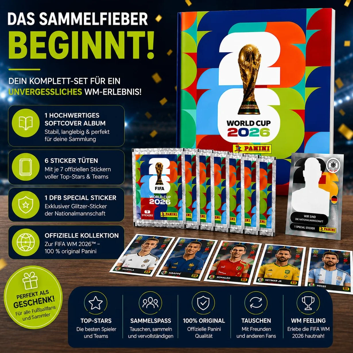 Panini Album di Adesivi Originale 2026 Mondiali Set di Base XXL Starter Set XL Copertina Morbida 6 Sacchetti Adesivi Germania