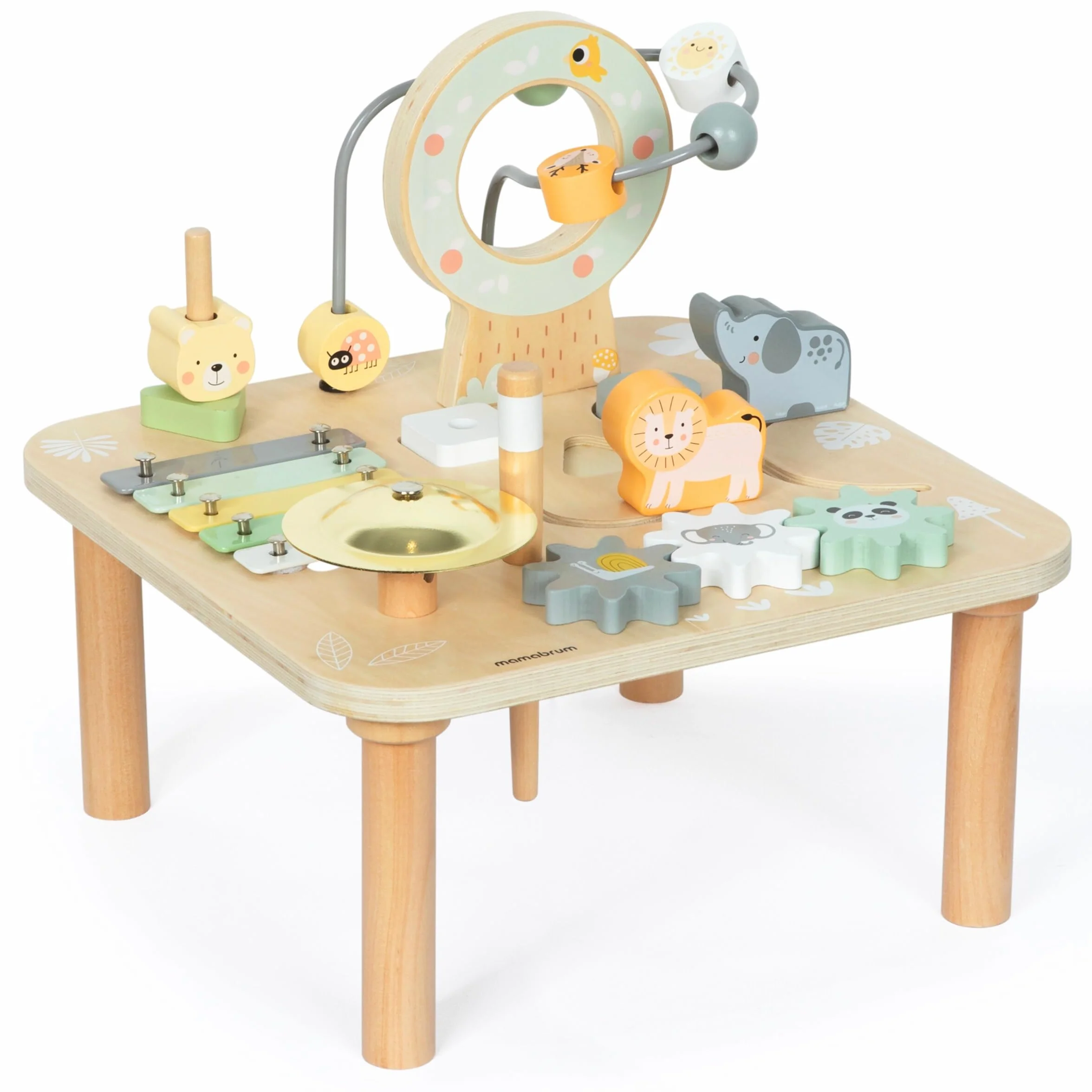 Mamabrum Tavolino Educativo in Legno per Bambini - Giocattolo Musicale 7 in 1 con Pipistrelli e Gong, Percorso Motorio, Puzzle Sensoriale a Tema Giungla
