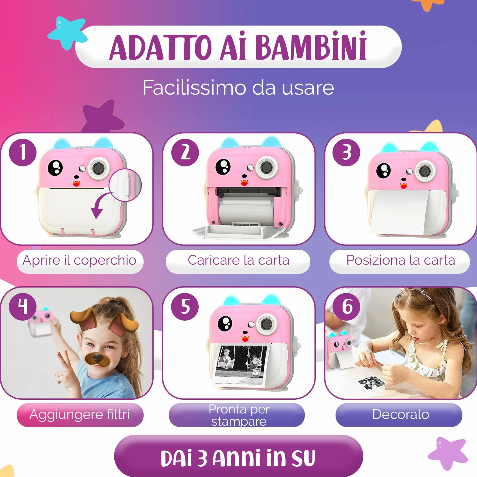 Macchina Fotografica Bambini Istantanea – Doppio Obiettivo 48MP, Video 1080P, Stampa Termica con 4 Rotoli di Carta – App Bluetooth, Scheda da 32GB – Regalo per Bambine & Bambini 3-12 Anni (Rosa)