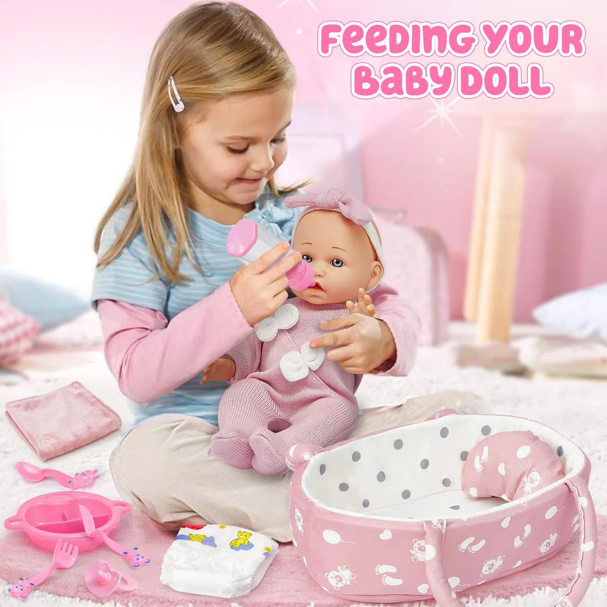 vamei Accessori per Bambola Reborn Femmina, Letto Portatile per Bambole con Vestiti per Bambole & Pannolini per Bambola Bambina & Borsa Fasciatoio & Biberon & Ciuccio, Regalo per Bambina 2 3 4 5 anni