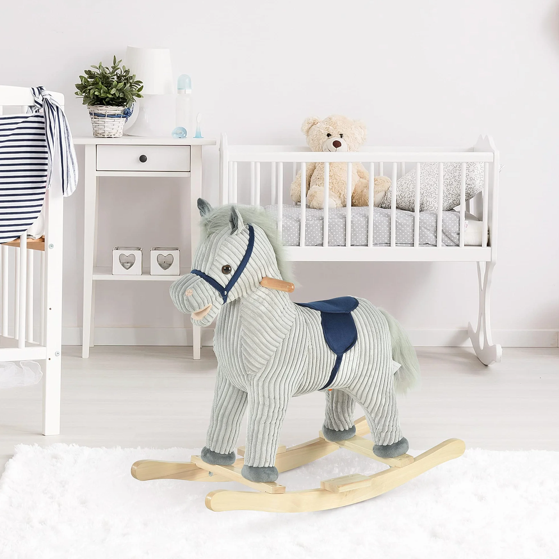 HOMCOM Cavallo a Dondolo per Bambini 3-6 Anni, Cavalluccio a Dondolo Interattivo Riproduce Suoni, in Peluche Grigio, 73x35x64cm