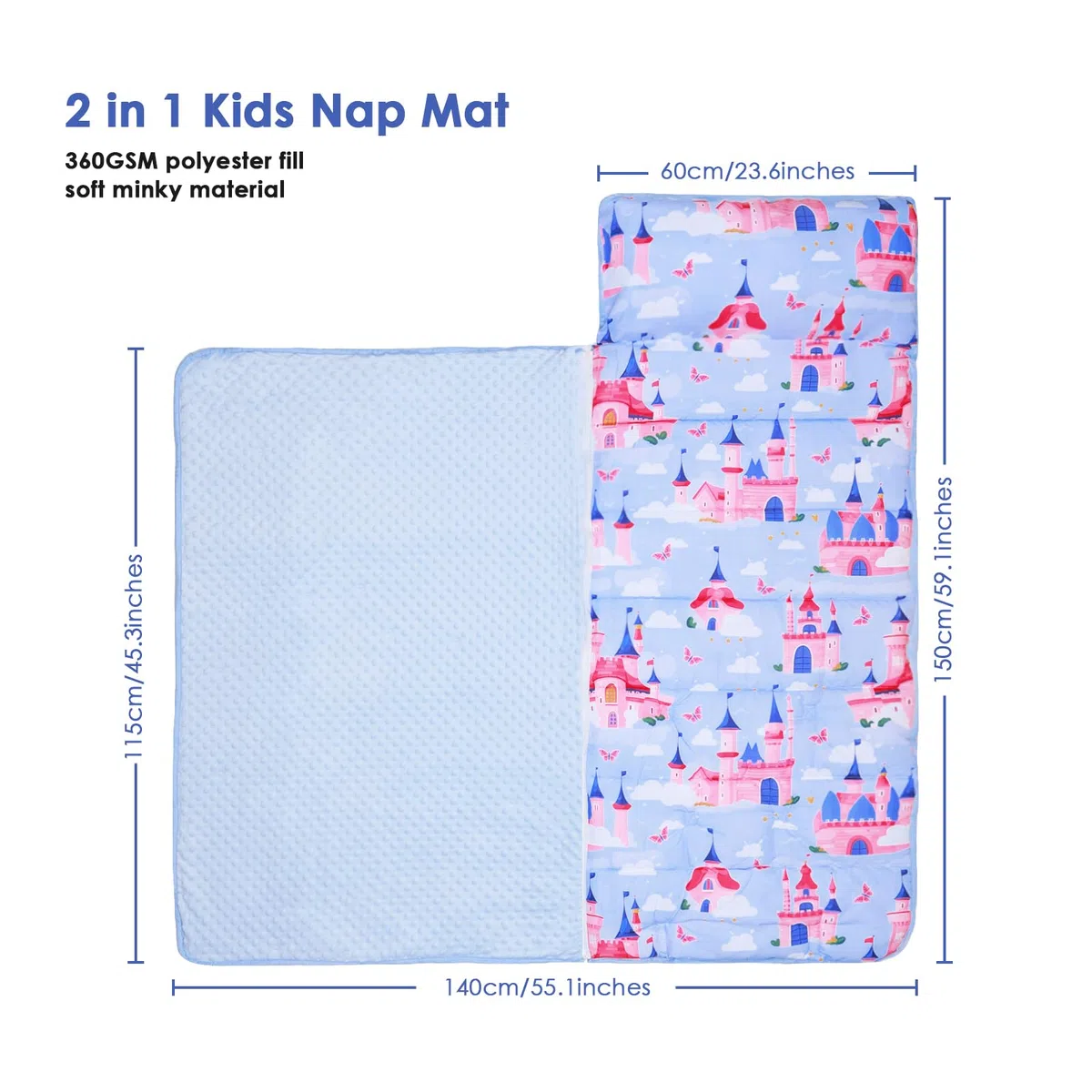 Nap Mat per Bambini con Cuscino e Coperta Rimovibili, Grande Extra Spesso 2 in 1 Sacco a Pelo Pieghevole per Ragazze Ragazzi, Nap Mats per Asilo Nido e Campeggio (Castello Blu)