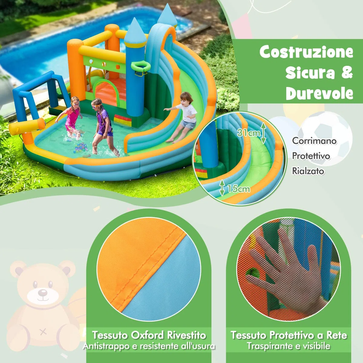 RELAX4LIFE Scivolo d'Acqua Gonfiabile, Parco Acquatico con Doppio Scivolo, Piscina Spruzzo, Parete da Arrampicata, Cannone ad Acqua, Canestro da Basket, Porta da Calcio, Palline Oceaniche e Anelli