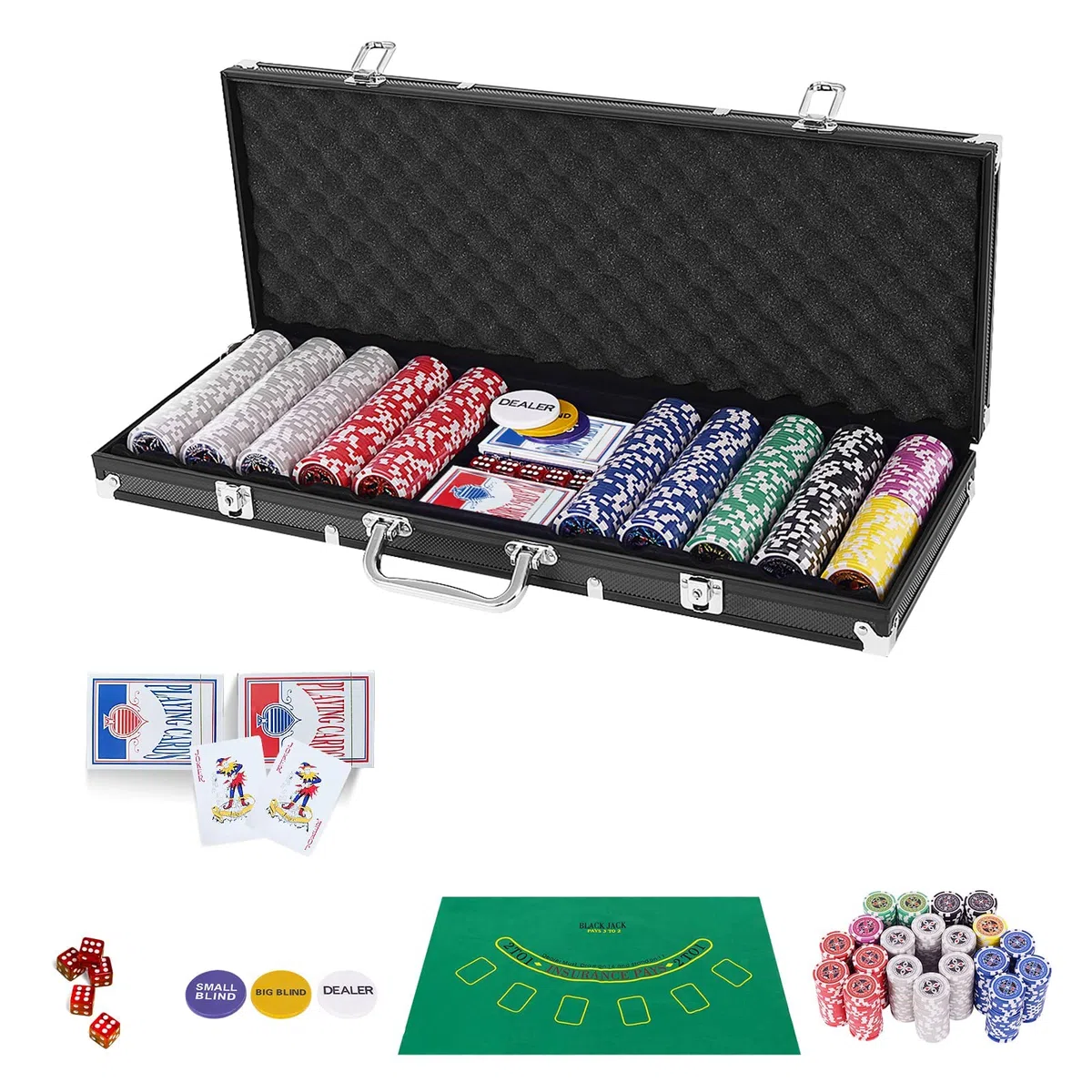 RELAX4LIFE Set Poker 500 Pezzi Custodia Alluminio Rigido Carte Dadi Tessuto Gioco Pulsante Dealer Argento