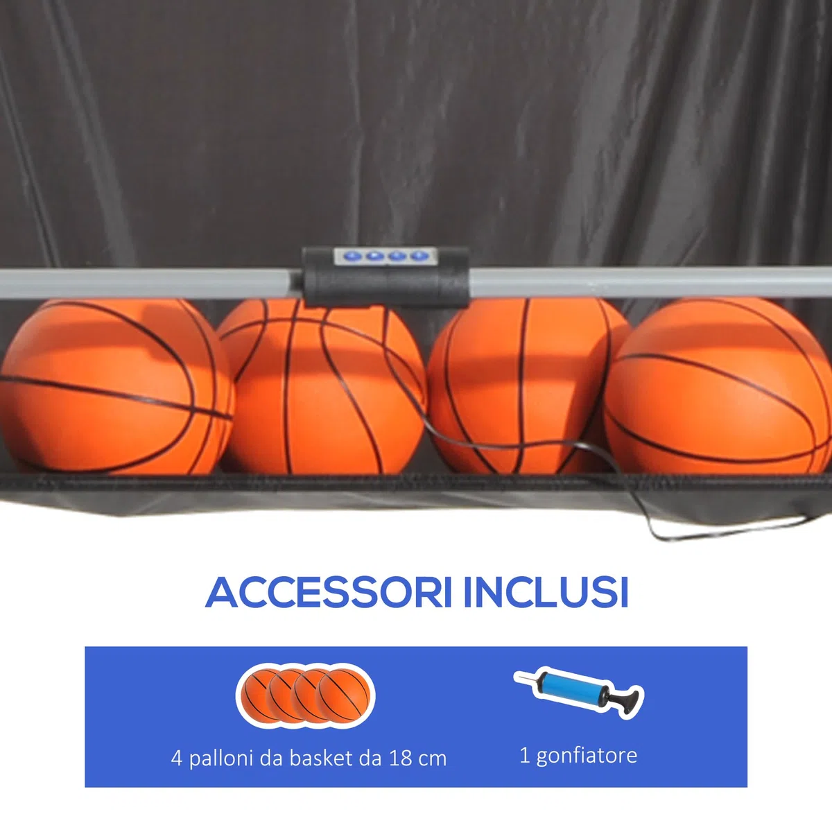 HOMCOM Canestro Basket con Tabellone LED, Pompa, 2 Canestri, 4 Palloni e 8 modalità di Gioco, Macchina da Pallacanestro Elettronica in Acciaio, Tessuto Oxford, MDF, 205x110x205 cm, Bianco e Nero