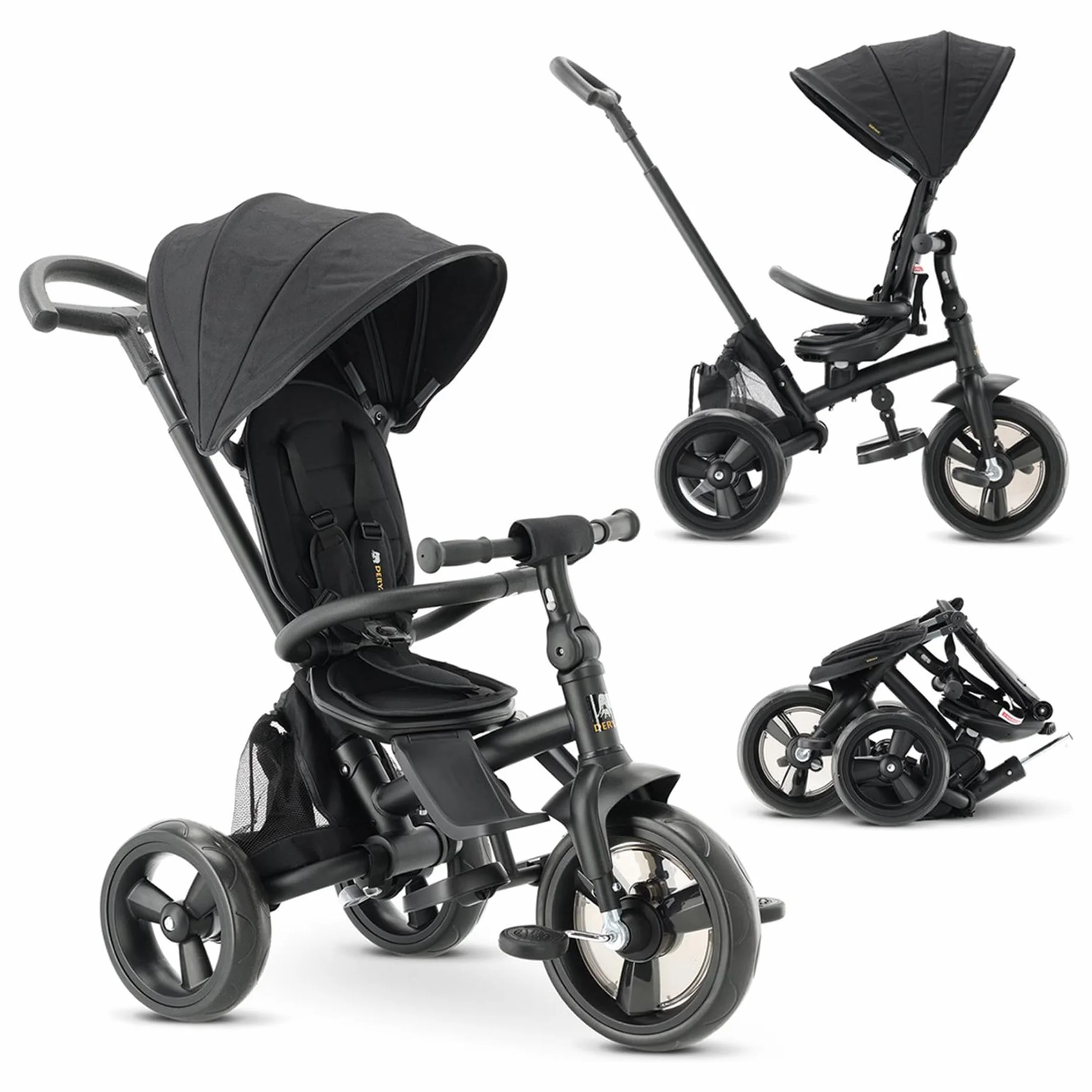 Deryan Explorer Triciclo da 9 Mesi fino a 25 kg – Triciclo per Bambini con Maniglione di Spinta – Sedile Girevole – Tettuccio Estensibile con Protezione Solare – Nero
