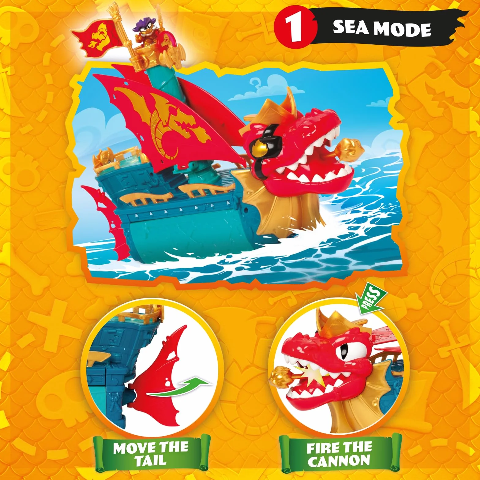 PIRATIX Dragon Ship – Piratix Dragon Nave All Terreno 3 in 1: Terra, Mare e Aria. Contiene 1 Nave Dragone, 1 Piratix Esclusivo, 1 Tesoro Esclusivo, 1 Bandiera e 1 proiettile
