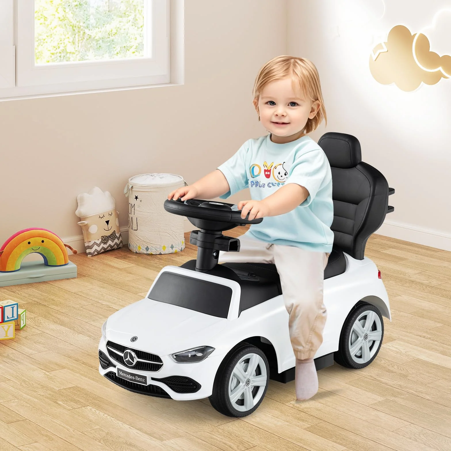 COSTWAY 3 in 1 Auto a Spinta, Mercedes-Benz Macchina Cavalcabile, con Schienale Regolabile Suono Barra di Spinta e Tettuccio, per Bambini 18-36 Mesi (Bianco)