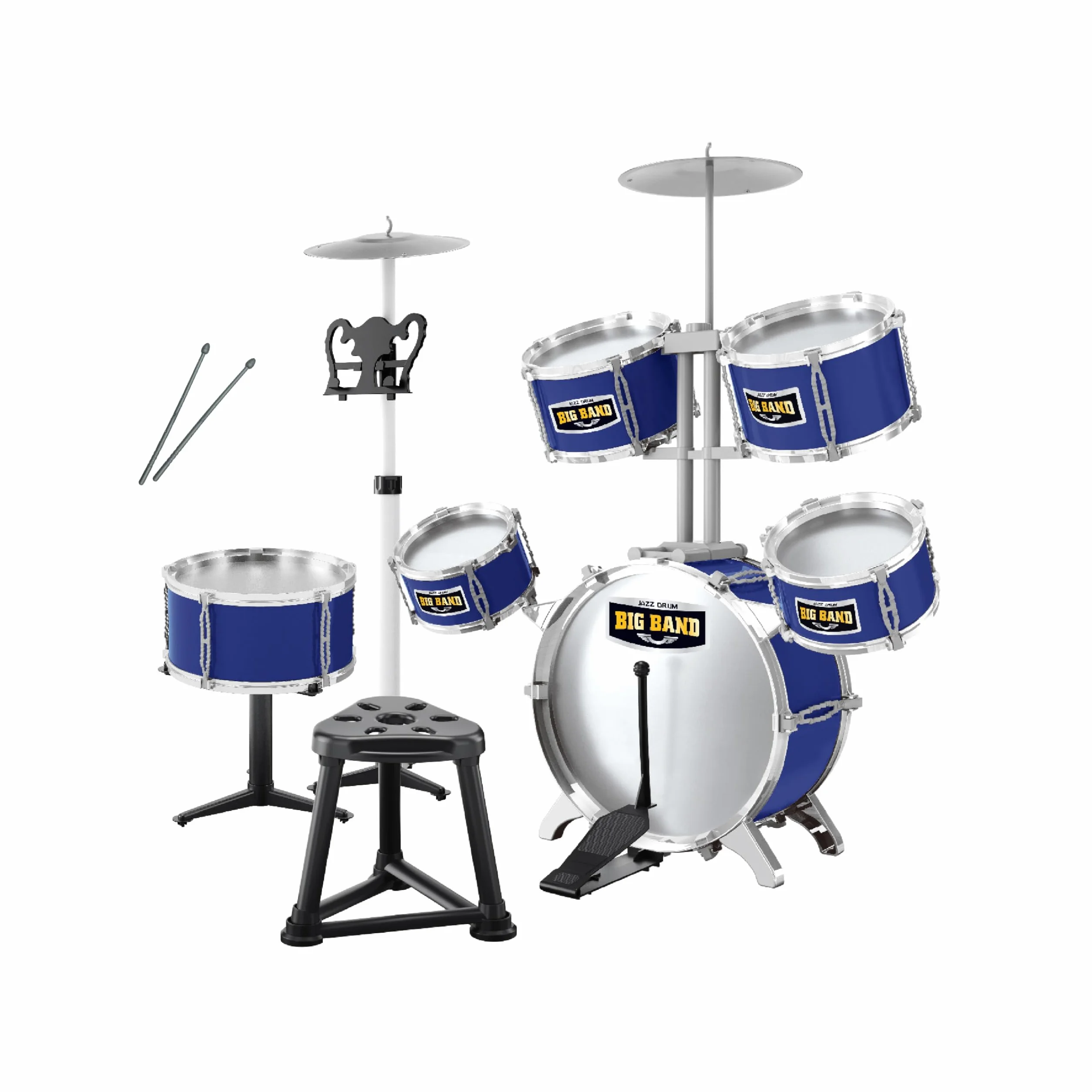 Set Batteria per Bambini Baroni Toys, Batteria Giocattolo Completa 8 Pezzi con Sgabello, Tamburi e Piatti, Gioco Musicale Educativo, +3 Anni, Blu, 72x43x83cm