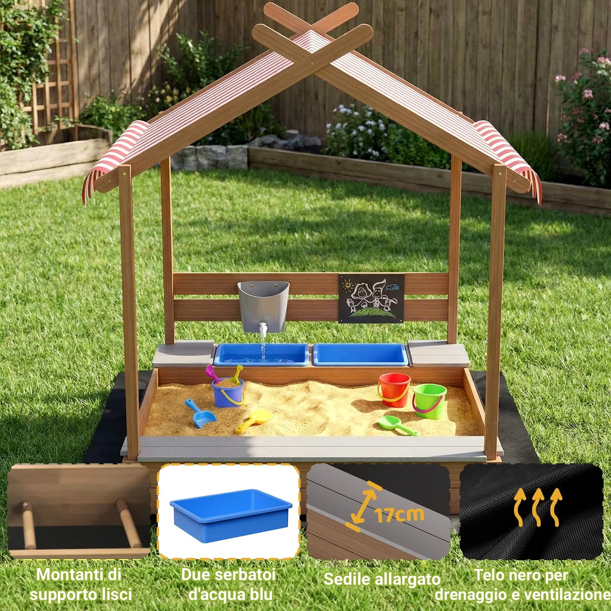 MAMIZO Grande Sabbiere da Esterno per Bambini 3-10 anni, Sandbox in Legno con Tetto, Recinto di Sabbia con Lavagna, Rubinetto, 2 Bacinella, Giardini Playhouse per Spiagge, Balconi, 113x116x142 CM