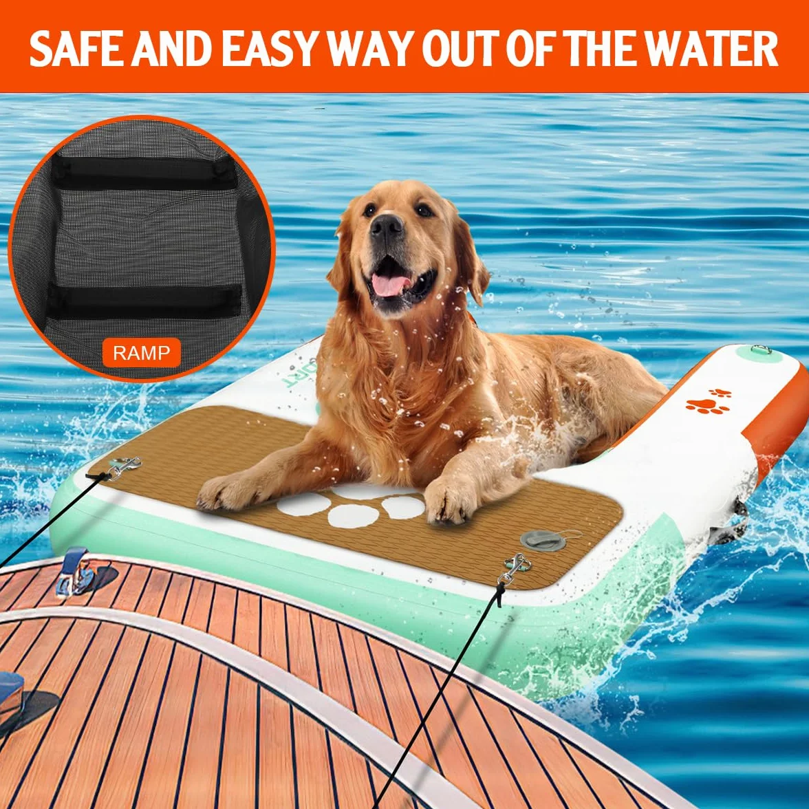 Rampa Gonfiabile per Cani per Accesso all'Acqua, Scala Galleggiante Antiscivolo in EVA per Piscine, Barche e Laghi, Supporta Cani fino a 100 kg