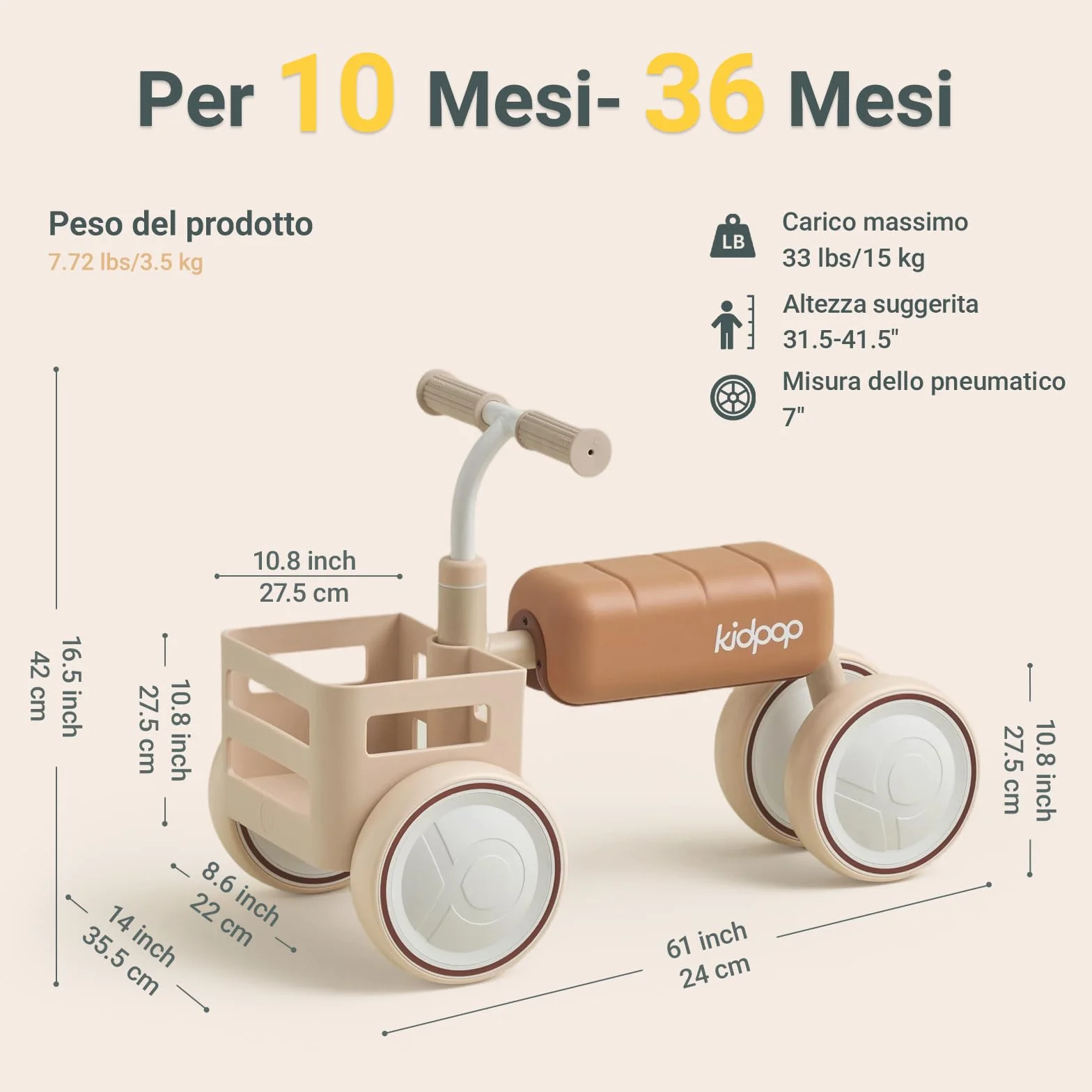 kidpop Toast Balance Bike/Passeggino per Bambini, Veicolo Convertibile, Telaio a Triplo Anti-Ribaltamento, Sedile Rimovibile, Cestino Sicuro per Alimenti