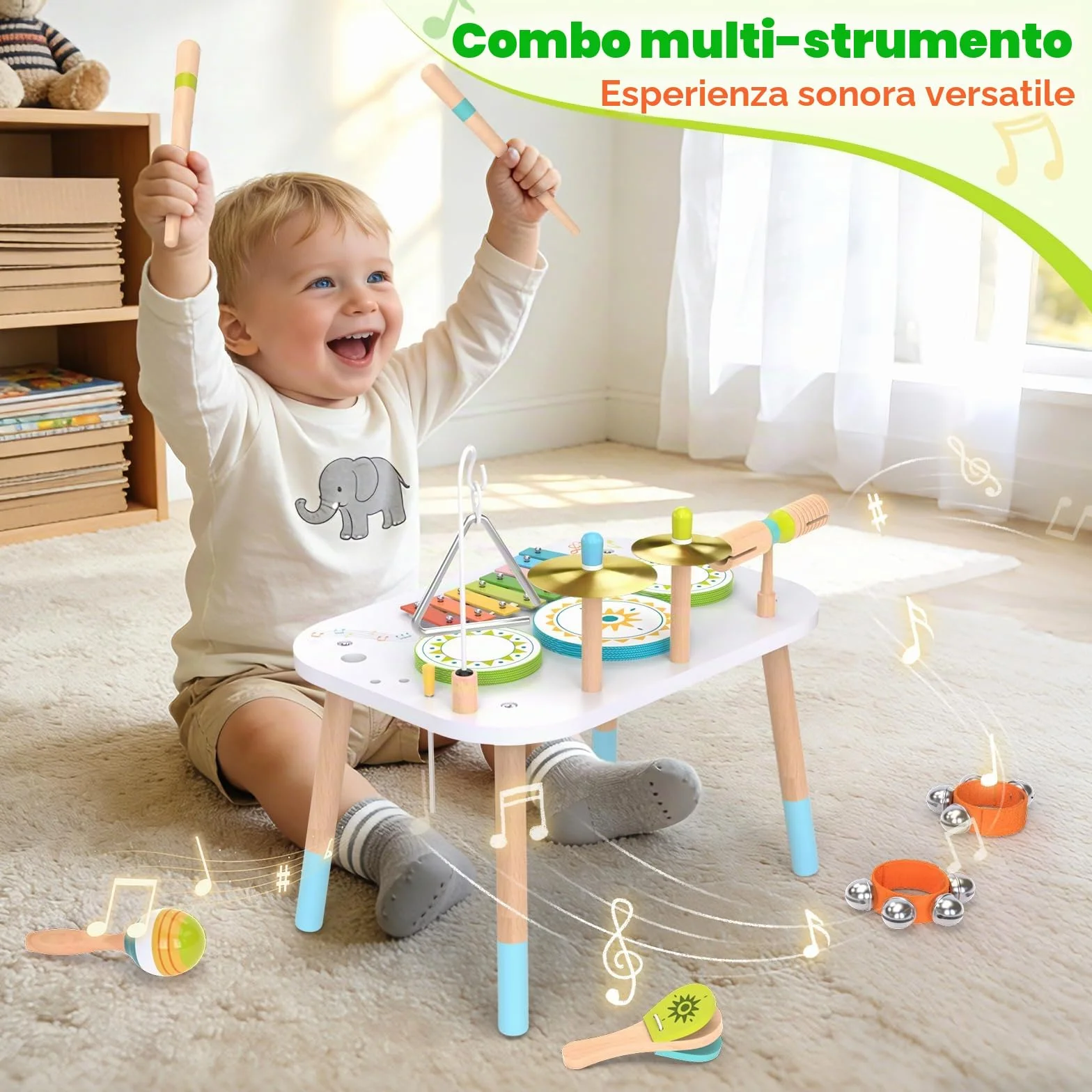 Batteria 12‑in‑1 Bambini 1‑3 Anni, Tavolo Strumenti Musicali Bambino, Giocattoli Legno Montessori con Xilofono, Bonghi, Piatto, Maracas & Campanelli da Polso, Regalo Bambino Bambina Bambina 1 2 3 Anni