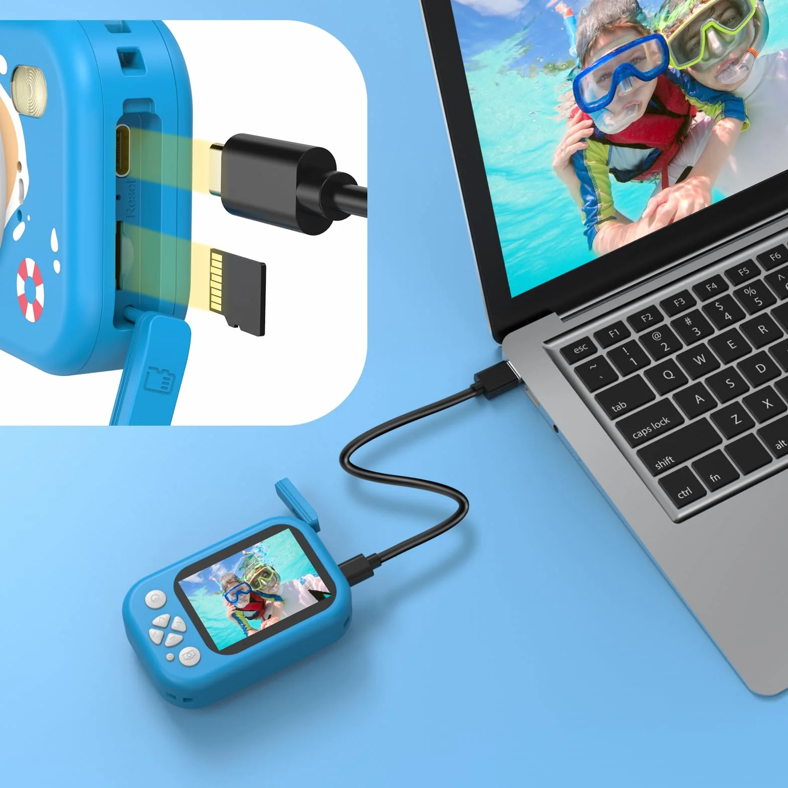 CHAKEYAKE Macchina Fotografica Bambini, 1080P IP67 Fotocamera Impermeabile Bambini con Zoom 10X, Schermo 2.4'', Scheda 32GB Inclusa, Giocattolo per Piscina e Spiaggia, Regalo per 3–12 Anni, Blu