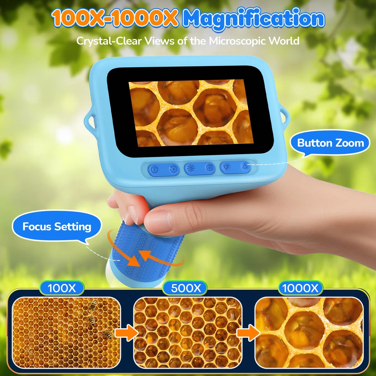 Microscopio Digitale Portatile Bambini: Schermo da 3,0" 1000X Ricaricabile Microscopio Portatile - 5 Lamine Vetro Lab per Bambini Esploratori 6-12 Anni, Viaggio Scienza Casa