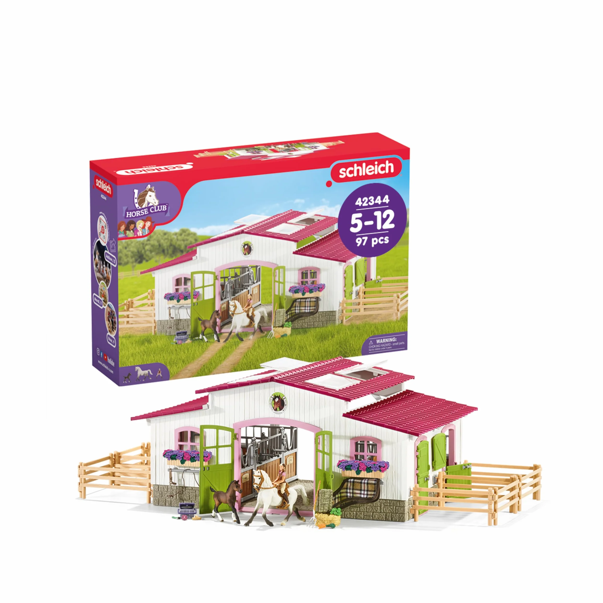 SCHLEICH HORSE CLUB | Maneggio con cavallerizza e cavalli 42344 | Set con scuderia, personaggio e 2 cavalli con accessori | Regalo per bambini | Giocattolo dai 5 anni | 97 pezzi | esclusiva Amazon
