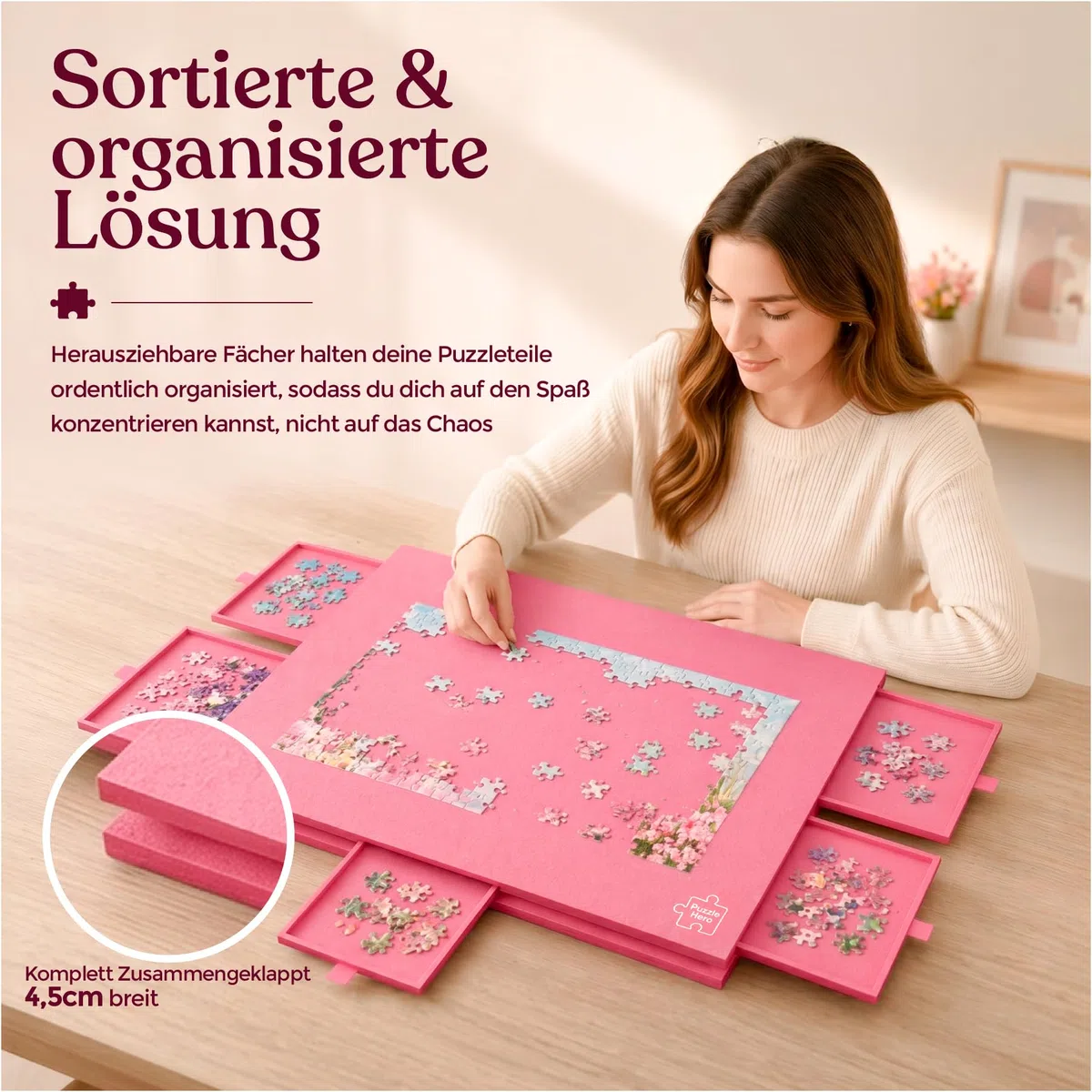 Tavola per puzzle fino a 1500 pezzi, NUOVO con piastre rinforzate da 0,88 cm, inclinabile, pieghevole, leggero, tavolo per puzzle portatile in feltro, 6 cassetti di smistamento, contenitore pieghevole