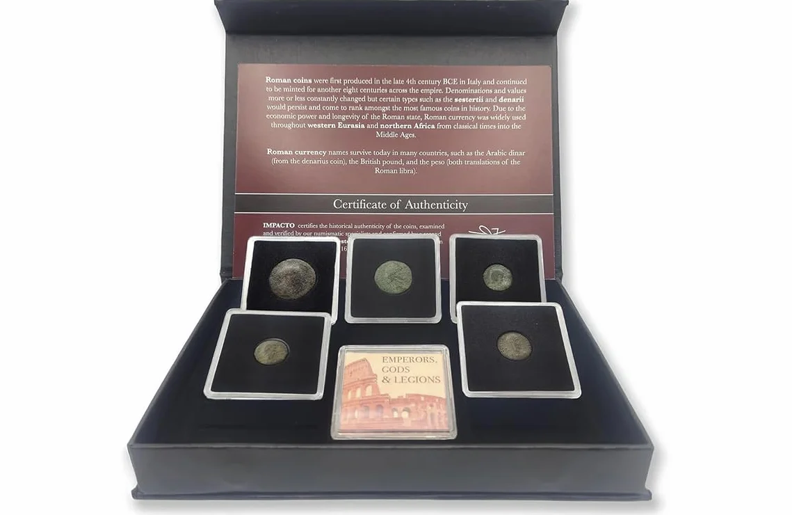 IMPACTO COLECCIONABLES | Edizione Scatola da Collezione di Monete Romane Autentiche Certificate, 5 Monete di Imperatori, Legioni e divinità incapsulate: la Storia dell’Impero nelle tue Mani