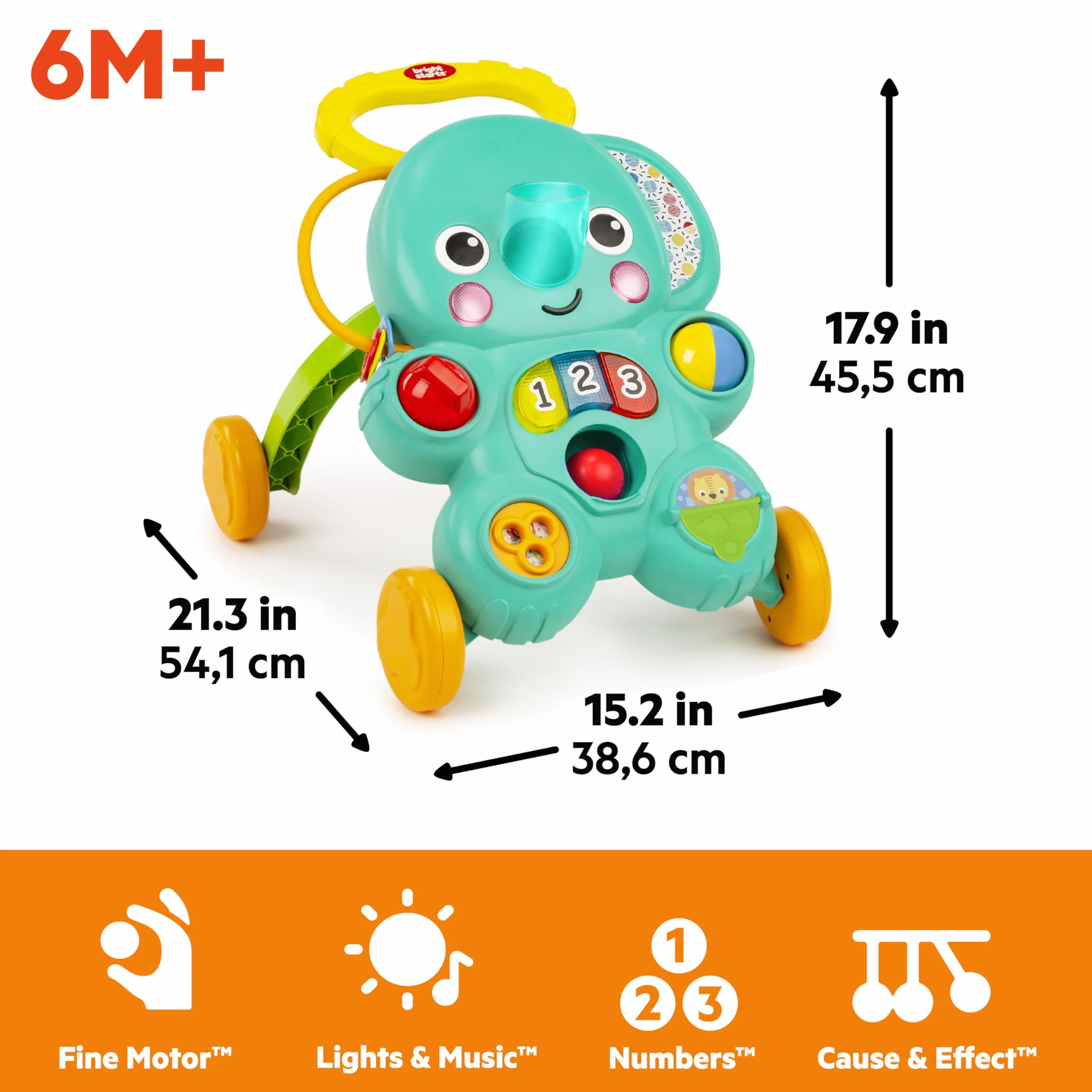 Bright Starts Stroll 'N Roll 2 in 1 Ball Play Walker - Elefante con luci e musica, unisex, 6 mesi +