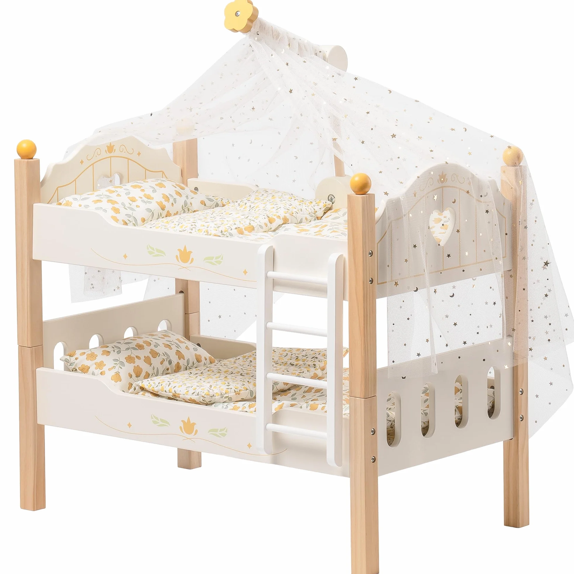 ROBOTIME Letto a castello per bambole in legno da 18", lettino per bambole trasformabile con scaletta e biancheria da letto, culla per bambole impilabile, regalo perfetto per bambini, color legno