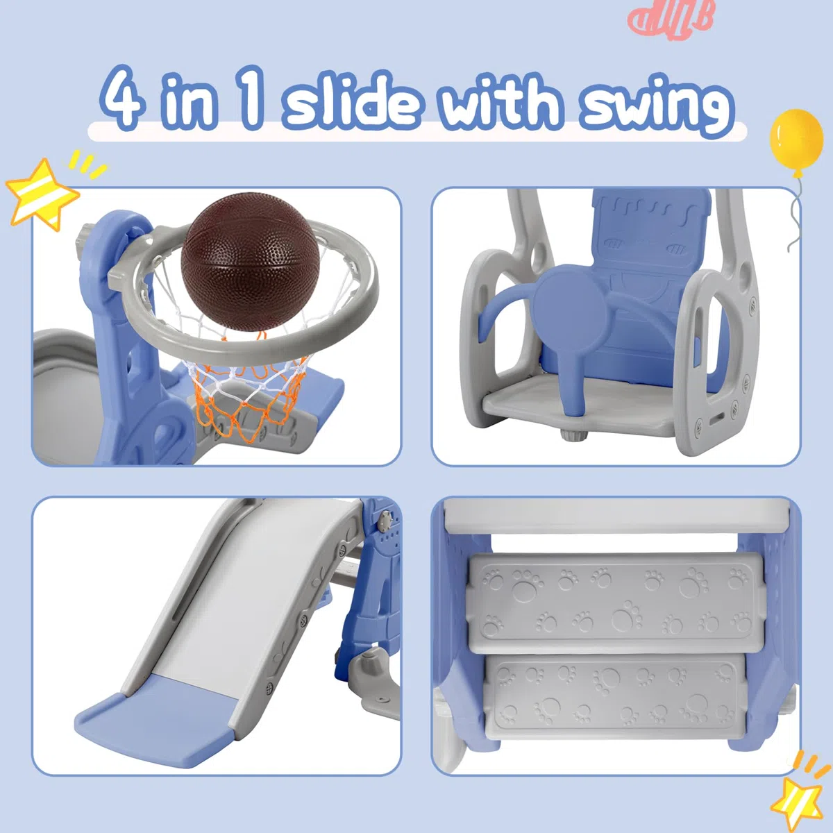 Scivolo per Bambini 4 in 1, scivoli all'aperto e al coperto, con cesto da basket, basket, altalena, scivolo e scaletta da arrampicata, area giochi al coperto e all'aperto (blu-2)