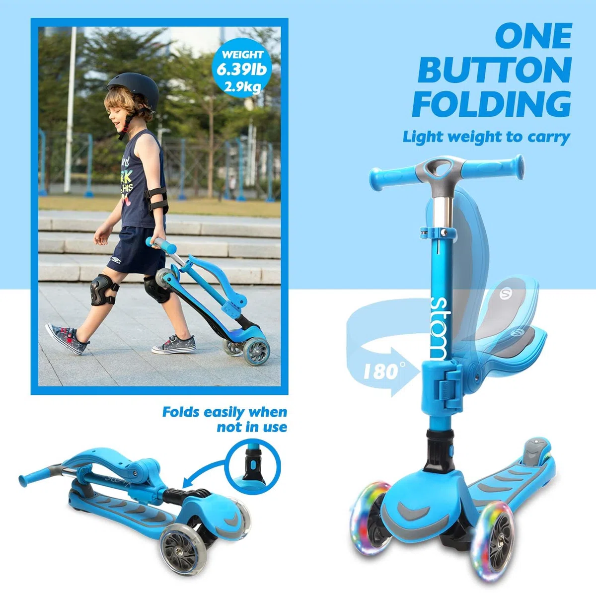 Stompa Monopattino per bambini a partire dai 3 anni in su, pieghevole, 3 ruote, luce flash a LED, 4 regolabili in altezza, scooter per bambini con sedile, scooter per 3-8