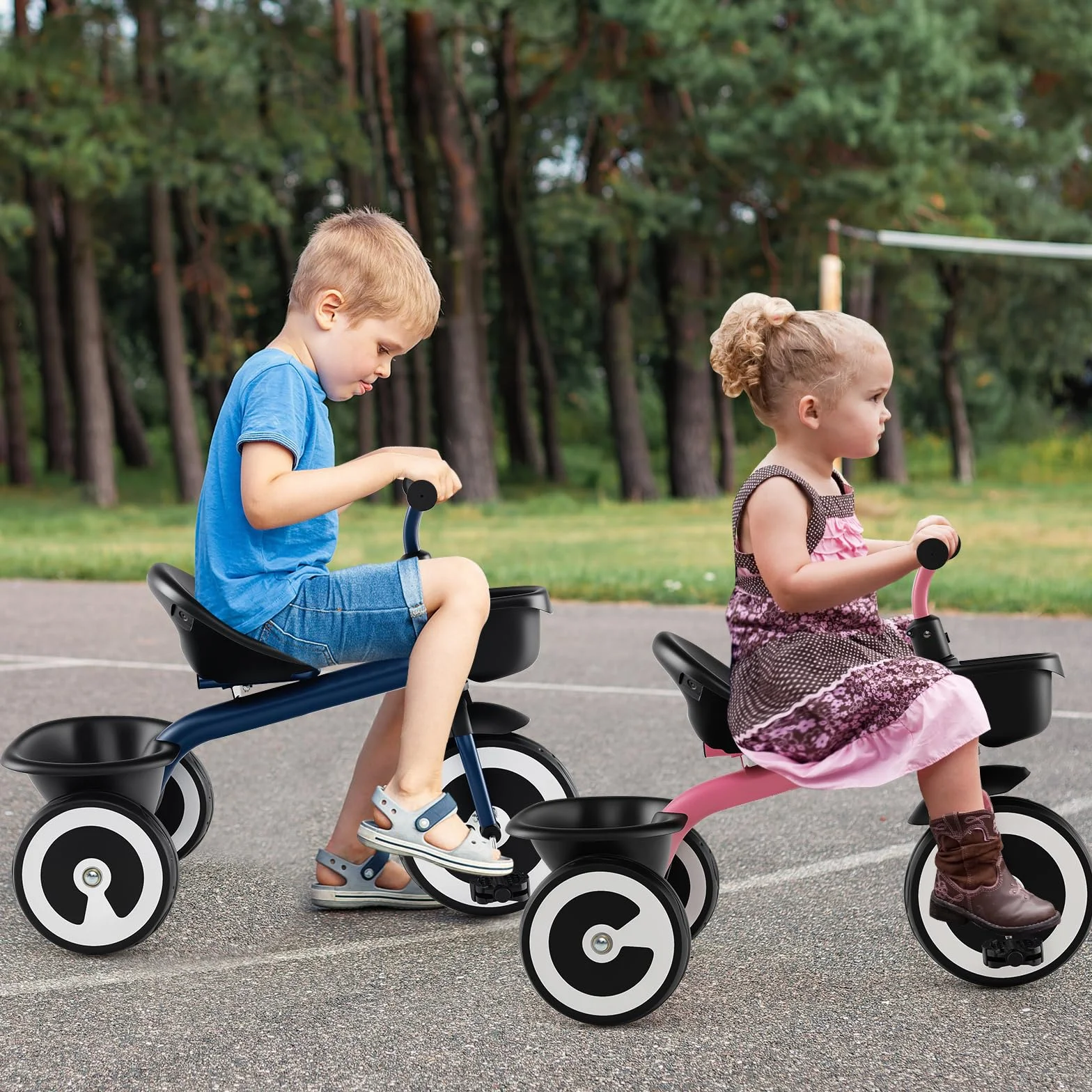 COSTWAY Triciclo per Bambini, Trike con Sede Regolabile Cestini Anteriori e Posteriori, Bicicletta a 3 Ruote con Telaio in Ferro Carbonioso di Alta Resistenza, per Bambini 1,5-5 Anni (Blu)