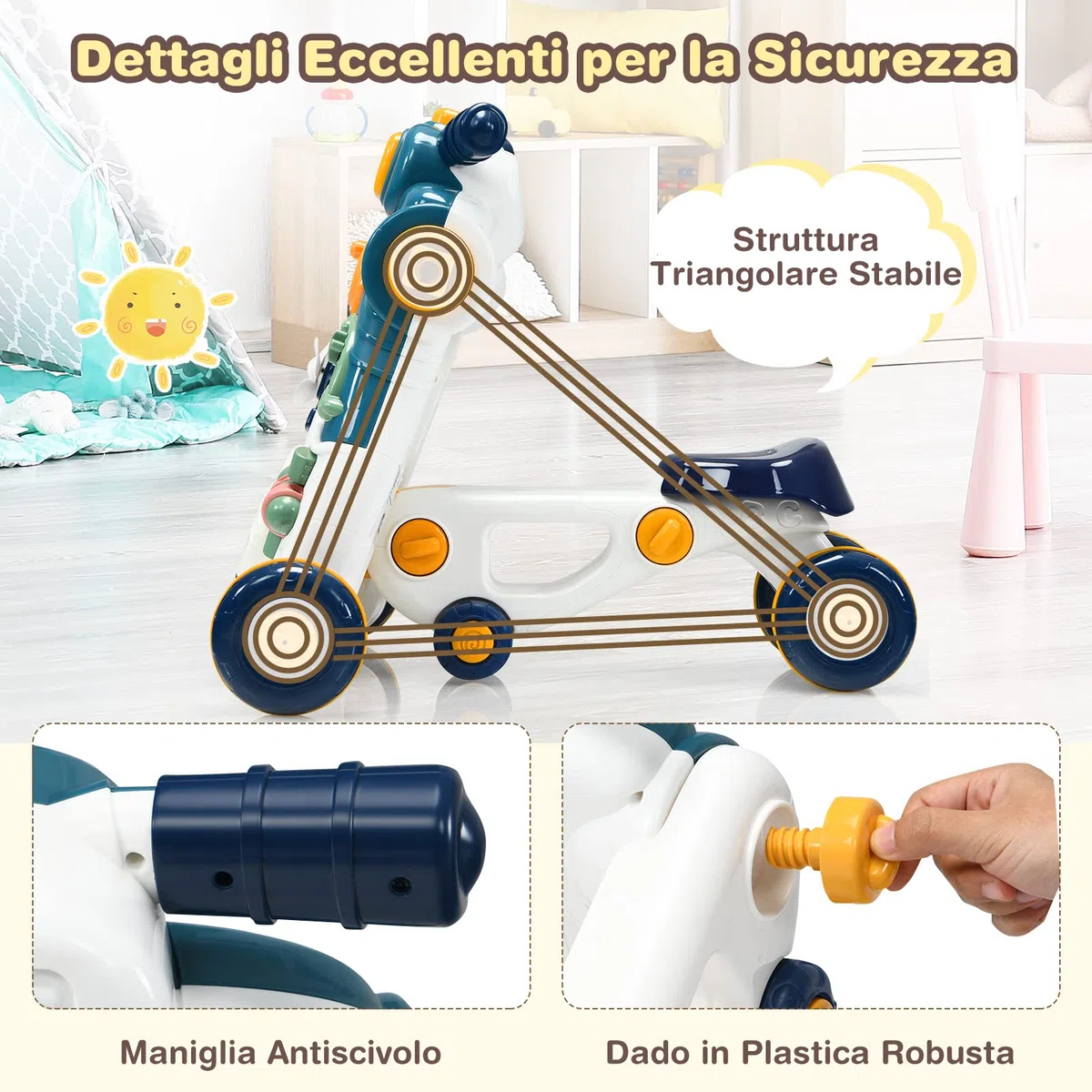 RELAX4LIFE 3 in 1 Primi Passi Spingibile, Scooter Cavalcabile con 4 Ruote Antiscivolo e Centro Attività con Giocattoli, Suoni, Tastiera Staccabile, 6-36Mesi(Blu)