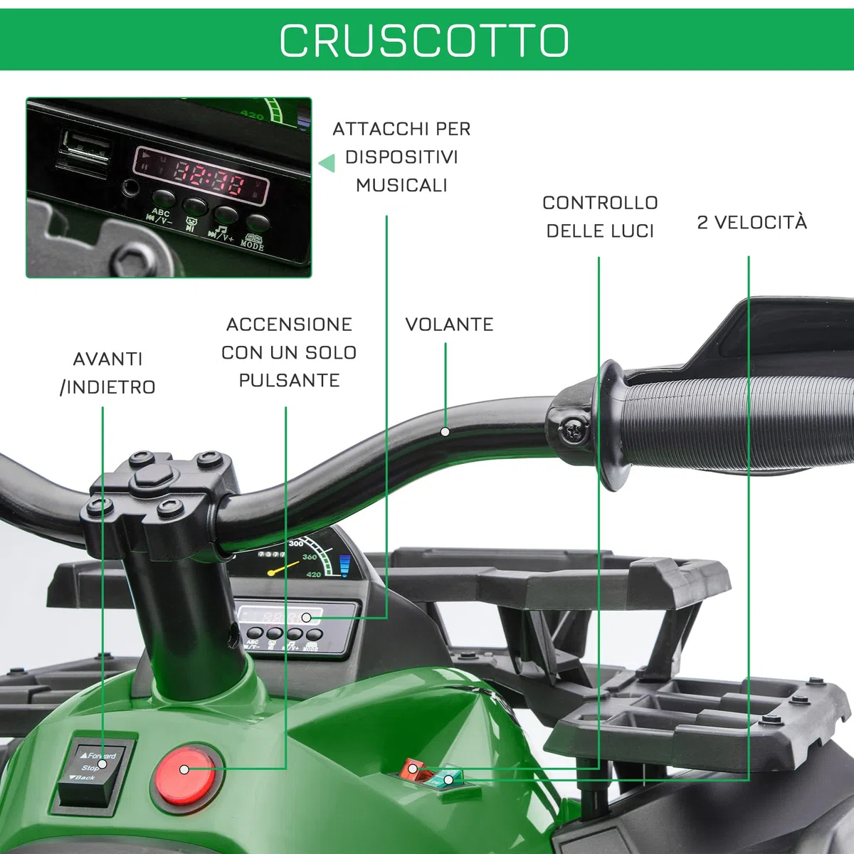 HOMCOM 12V Quad Elettrico per Bambini 3-8km/h Auto Elettrica Doppi Motori Ruote Larghe Batteria 10AH 100x65x73 cm Verde