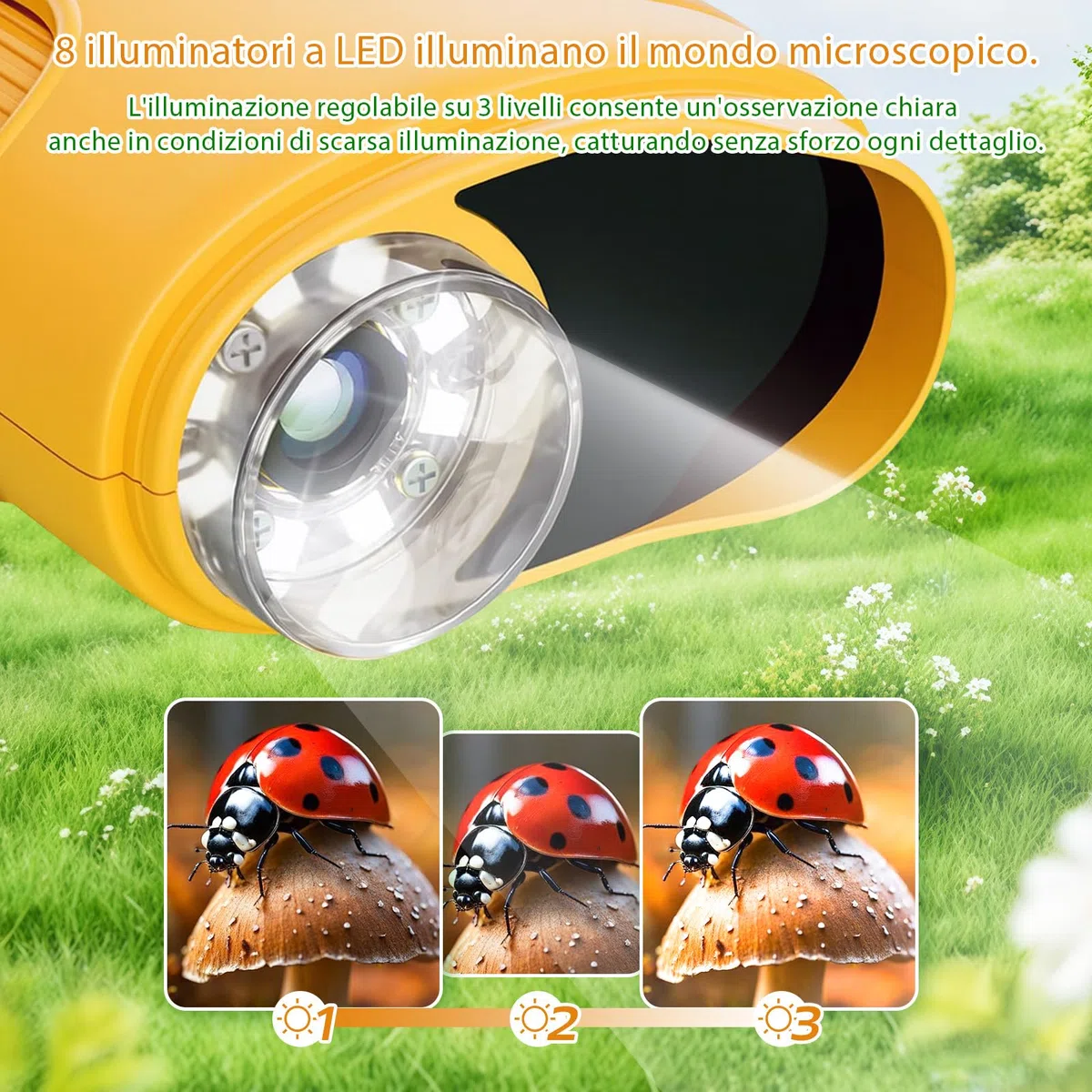 Microscopio digitale per bambini, ingrandimento 1000X con schermo IPS da 2,0", ricaricabile tramite USB e portatile, 8 luci LED, per uso esterno, arancione, regali per bambini dai TRE anni in su.