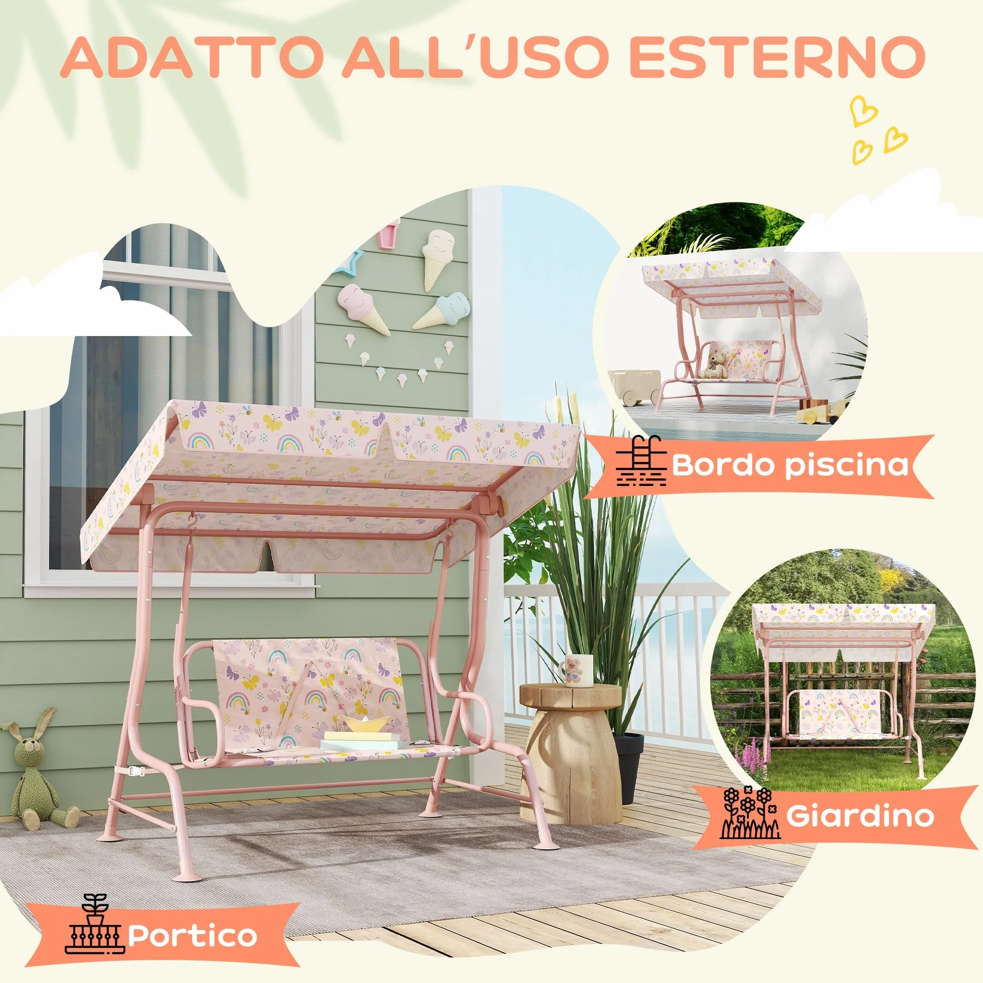 AIYAPLAY Dondolo per Bambini da Esterno a 2 Posti con Tettuccio Regolabile e Cinture di Sicurezza, Altalena Dondolo da Giardino e Interno in Acciaio e Oxford, Max 60 kg, 112x75x120 cm, Rosa