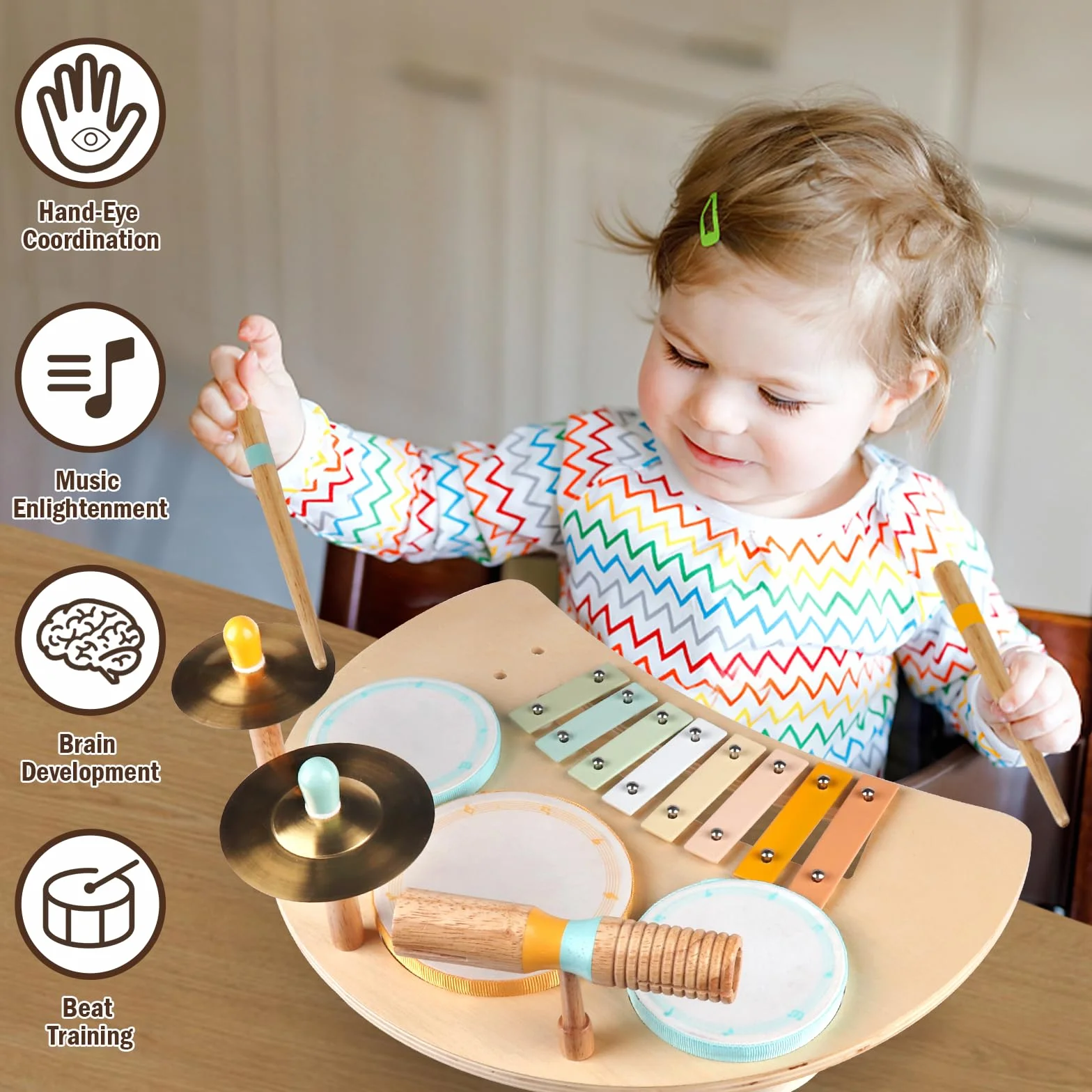 Set di Tamburi e Xilofono per Bambini da 1,5 a 3 anni, Strumenti Musicali, Maschi e Femmine - Regali per età 1,5, 2, 3+ (Neutro)
