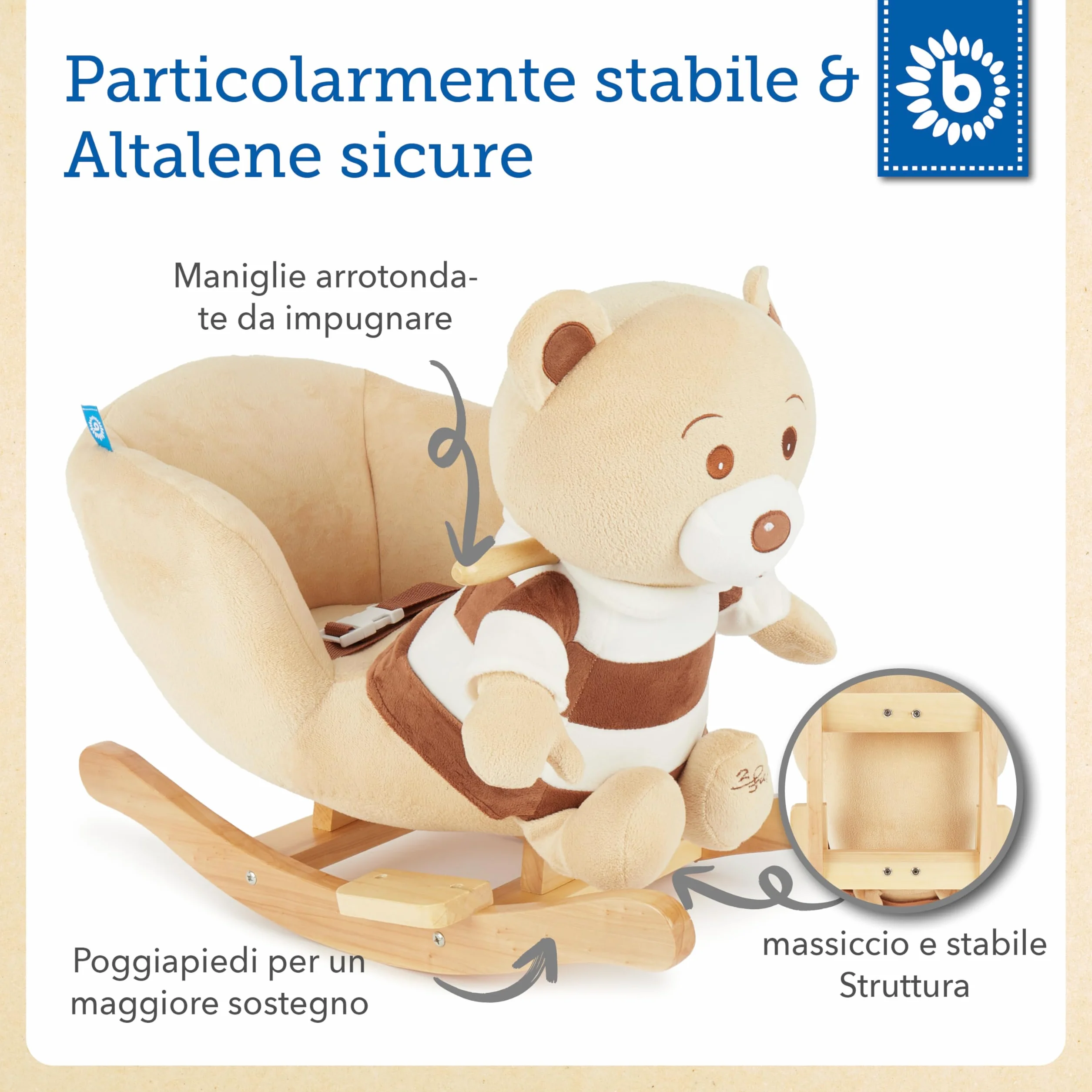 Bieco 74004003 - peluche a dondolo Bubu orso, marrone, per bambini sedia a dondolo, sedile e schienale, altalena peluche per neonati e bambini di circa 60 x 30 x 50 cm